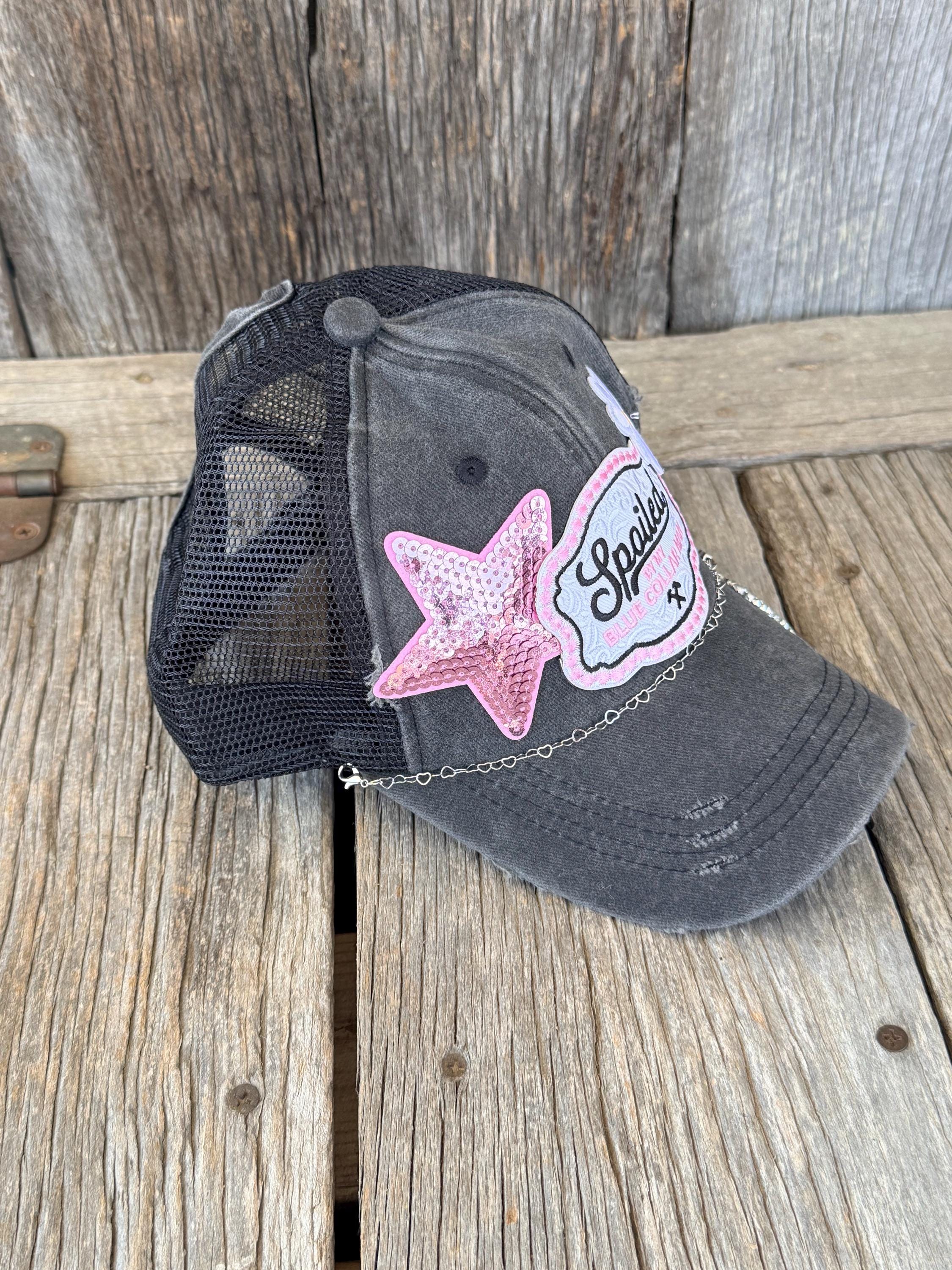 Distressed Trucker Hat | Spoiled By My Blue Collar Man | Glitter Stars, Hearts & Lil Bougie Patches | Ponytail Hat with Hat Chain