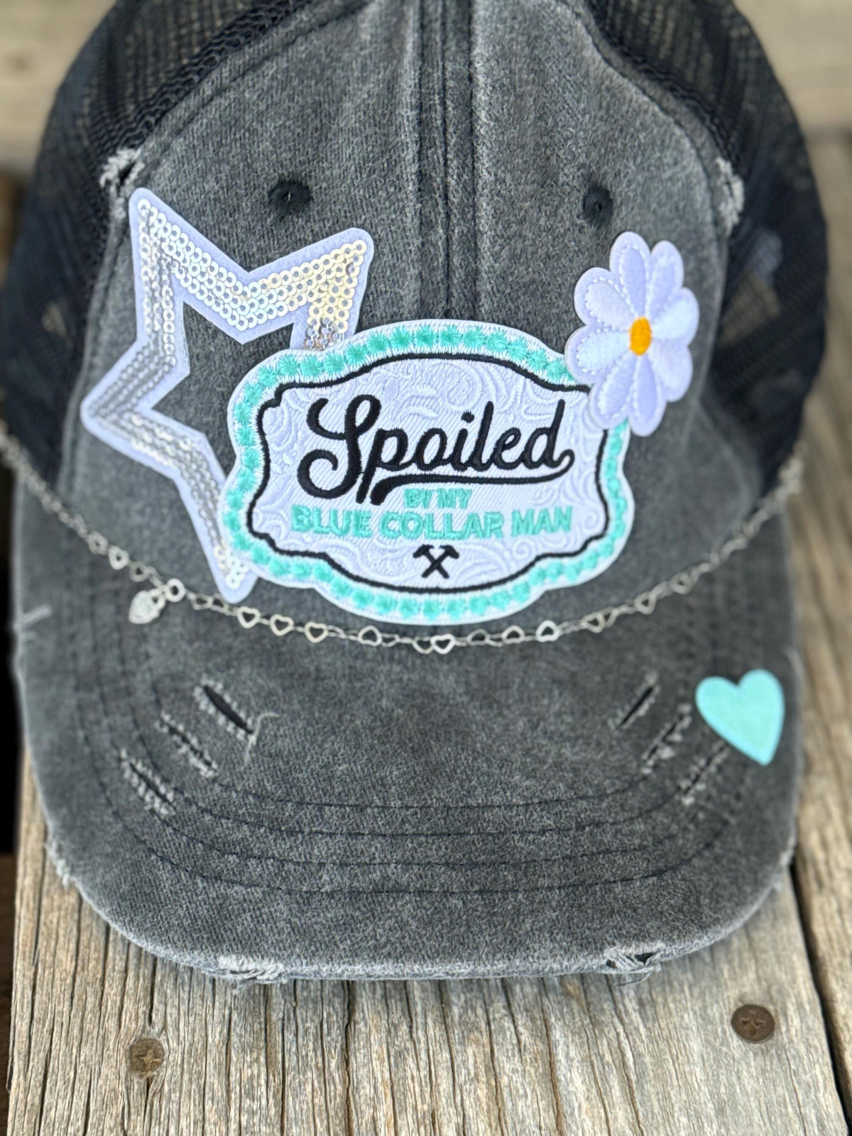 Distressed Trucker Hat | Spoiled By My Blue Collar Man | Glitter Stars, Hearts & Lil Bougie Patches | Ponytail Hat with Hat Chain