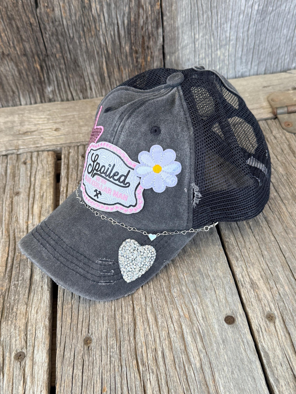 Distressed Trucker Hat | Spoiled By My Blue Collar Man | Glitter Stars, Hearts & Lil Bougie Patches | Ponytail Hat with Hat Chain