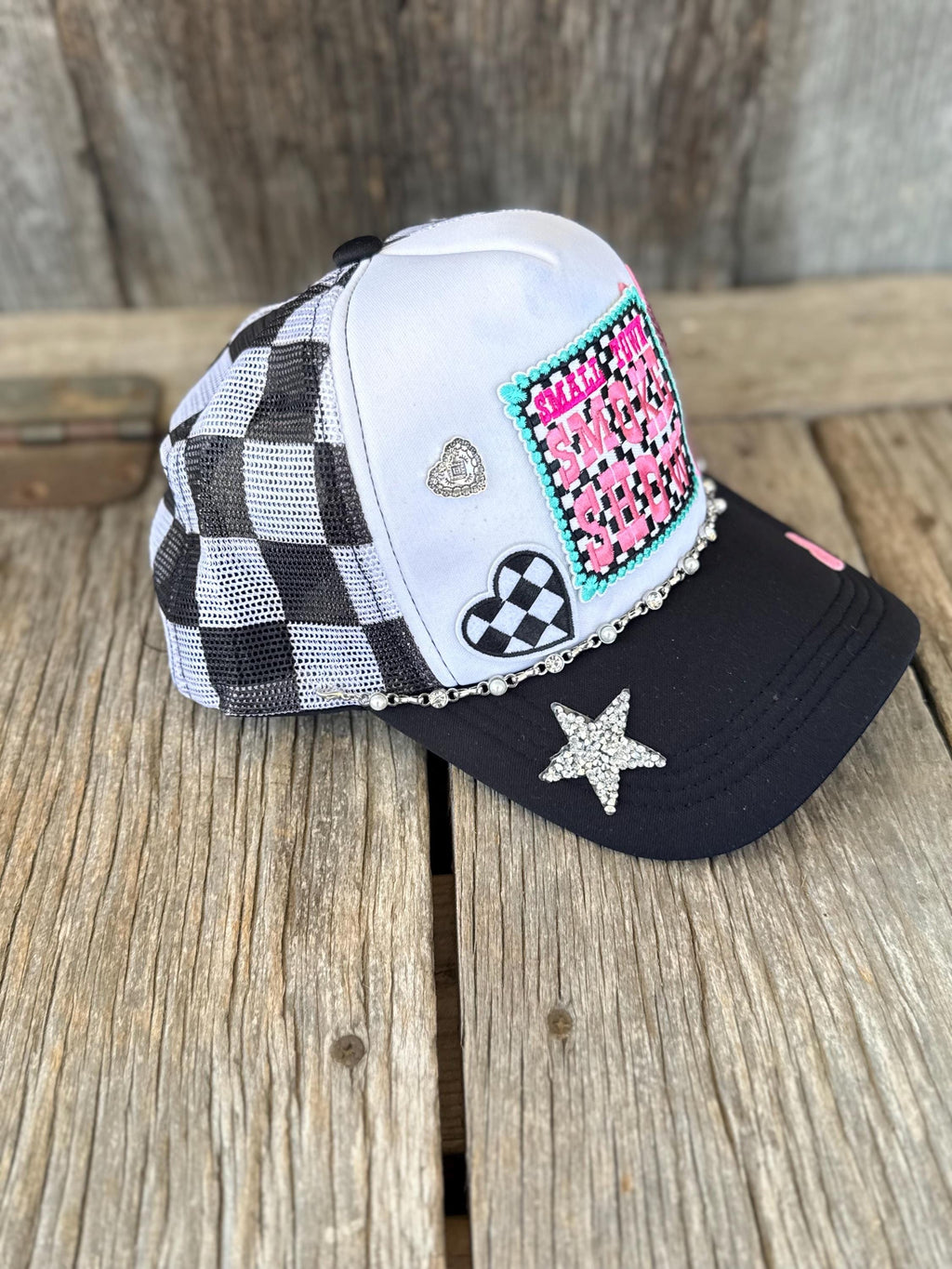 Black Western Trucker Hat | Small Town Smoke Show, Sequin Star & Checkered Heart Patches | Pearl Hat Chain
