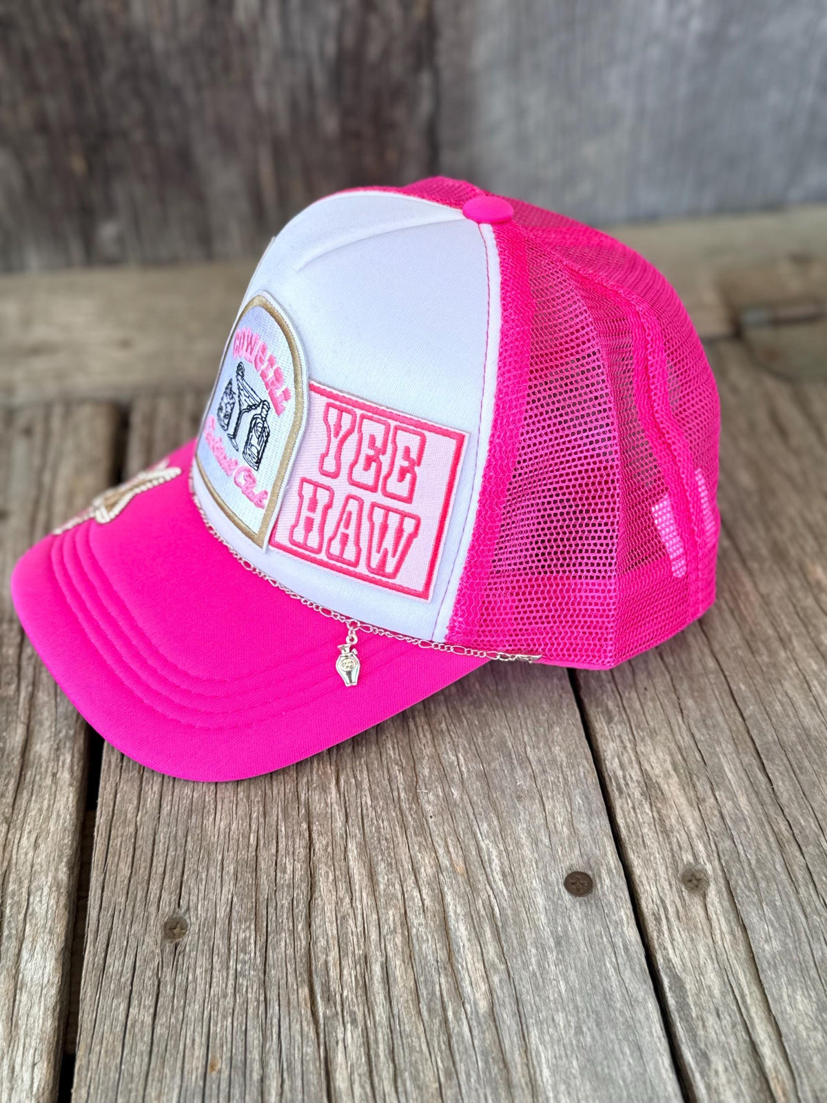 Pink Western Trucker Hat | Cowgirl Cocktail Club, Yee Haw & Tequila Patches | Silver Hat Chain