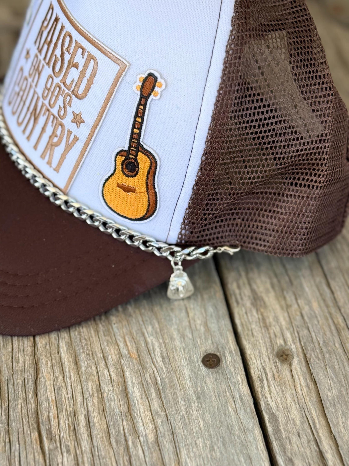 Brown Western Trucker Hat | Raised on 90s Country | Guitar Patch, Silver Hat Chain & Hat Pin