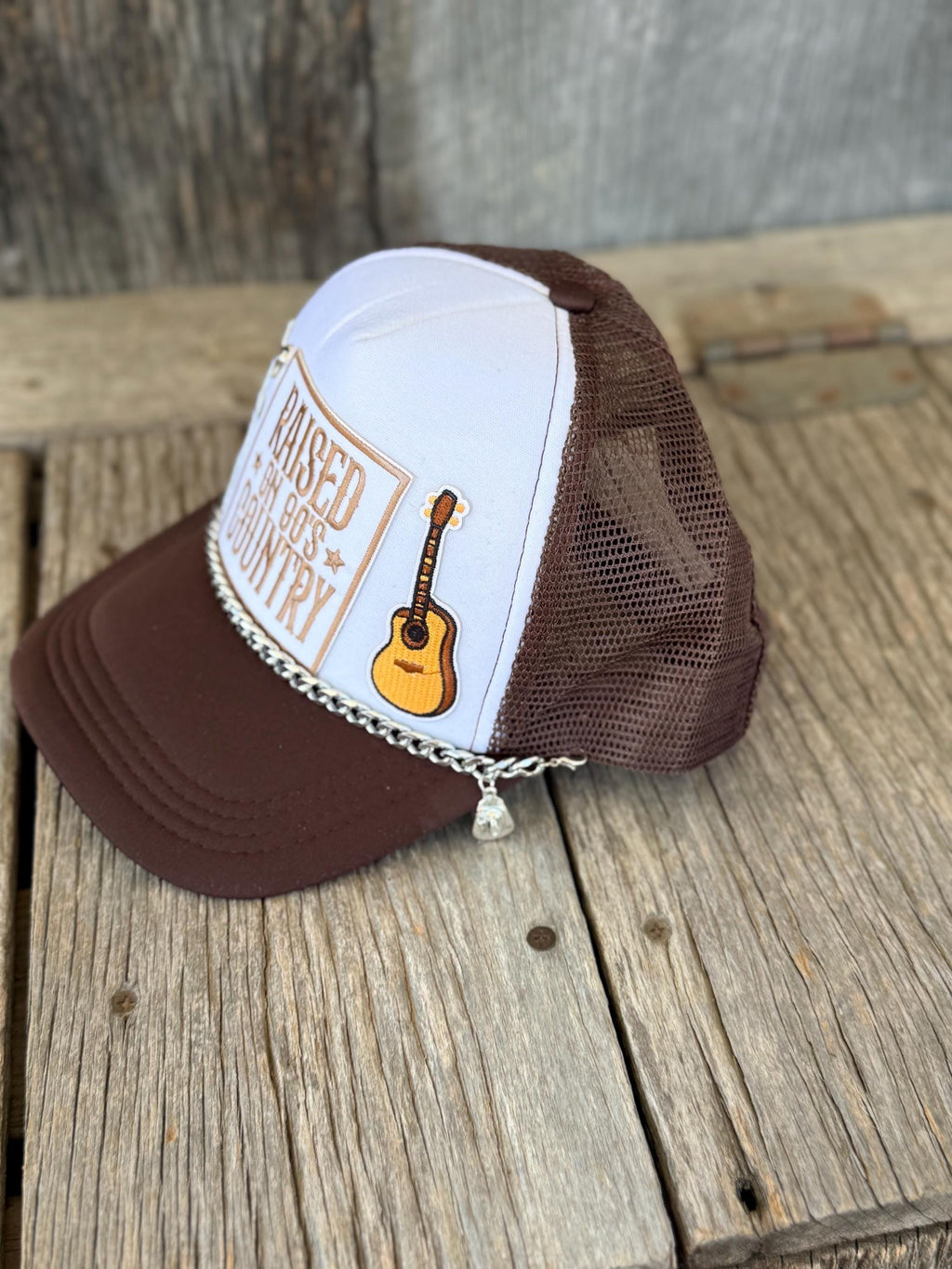 Brown Western Trucker Hat | Raised on 90s Country | Guitar Patch, Silver Hat Chain & Hat Pin