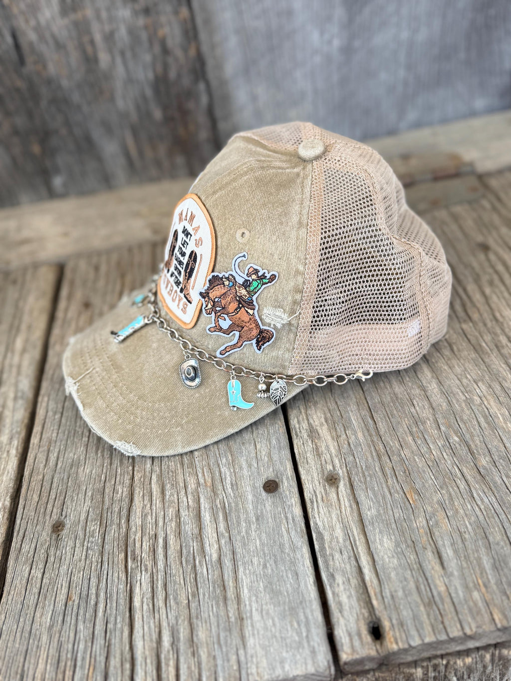 Brown Western Trucker Hat | Bronco Rider & Cow Print Star Patches | Turquoise Charm Hat Chain