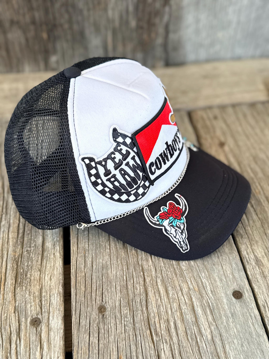 Black Western Trucker Hat | Cowboys & Yee Haw Patches | Cow Skull, Cowboy Boots & Silver Charm Hat Chain
