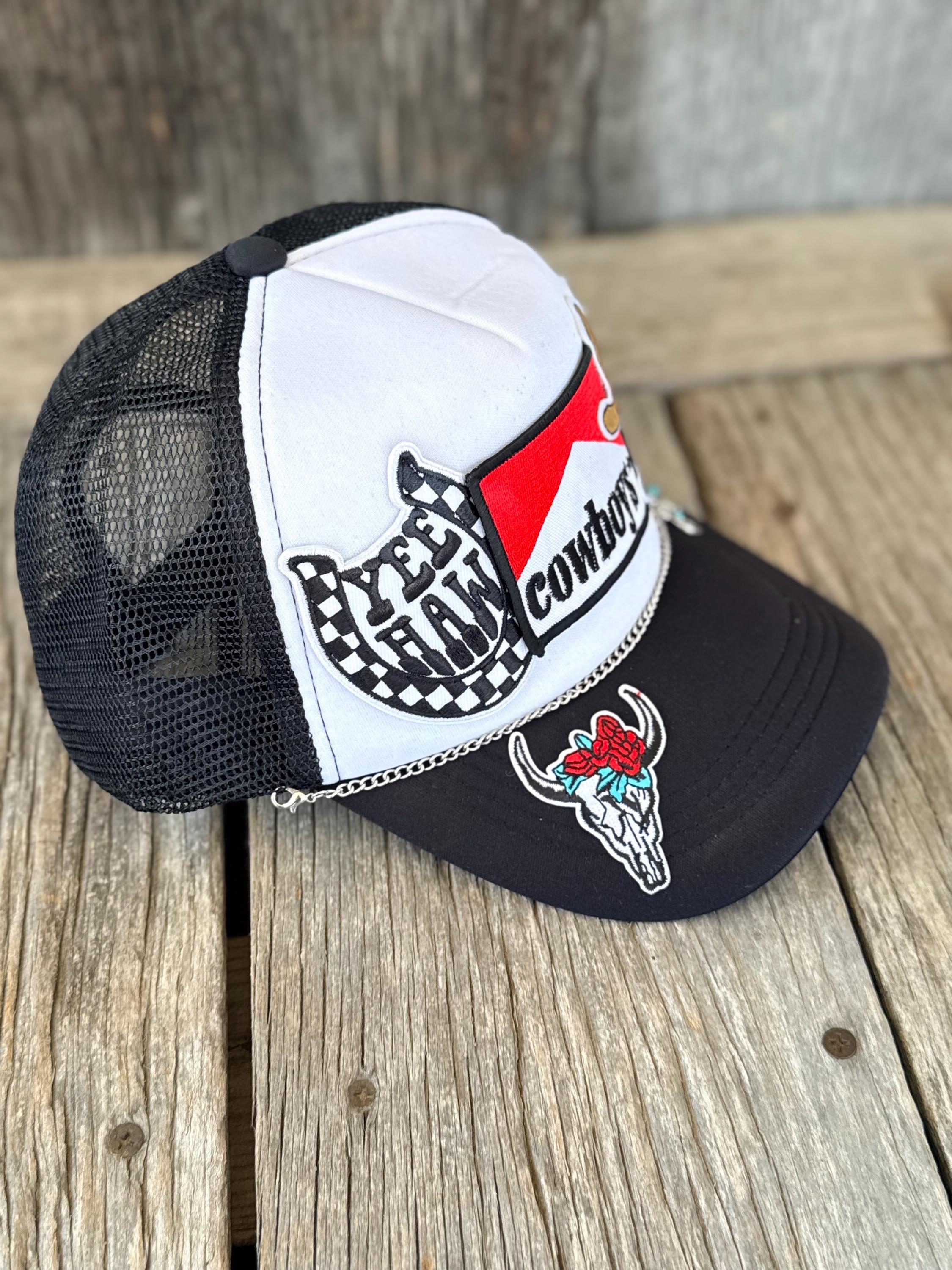 Black Western Trucker Hat | Cowboys & Yee Haw Patches | Cow Skull, Cowboy Boots & Silver Charm Hat Chain
