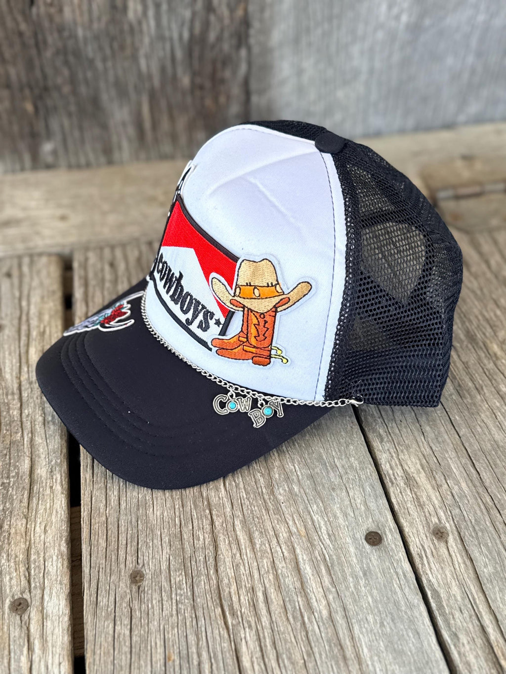Black Western Trucker Hat | Cowboys & Yee Haw Patches | Cow Skull, Cowboy Boots & Silver Charm Hat Chain
