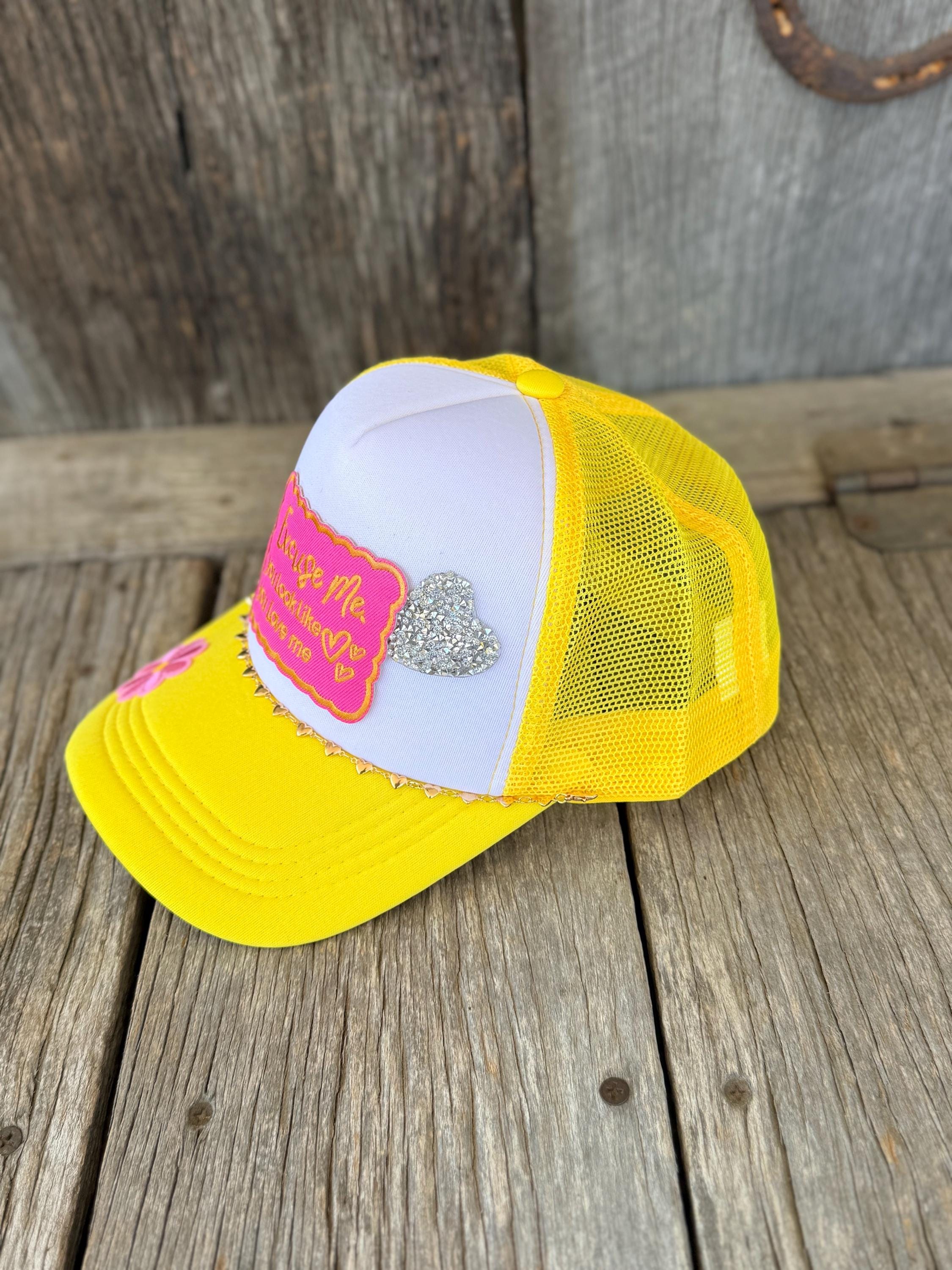 Yellow Western Trucker Hat | Glitter Heart & Flower Patches | Gold Heart Hat Chain