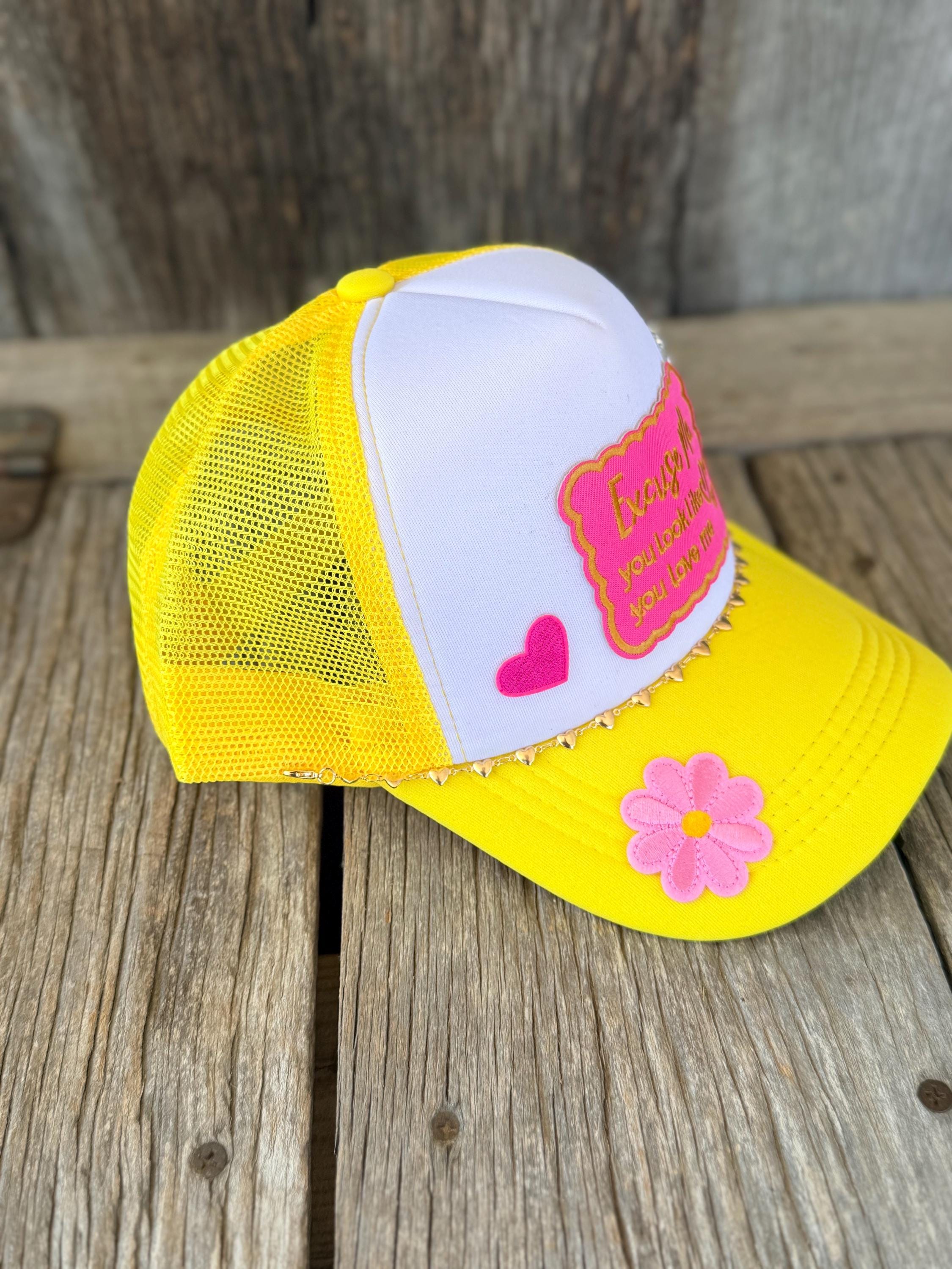 Yellow Western Trucker Hat | Glitter Heart & Flower Patches | Gold Heart Hat Chain
