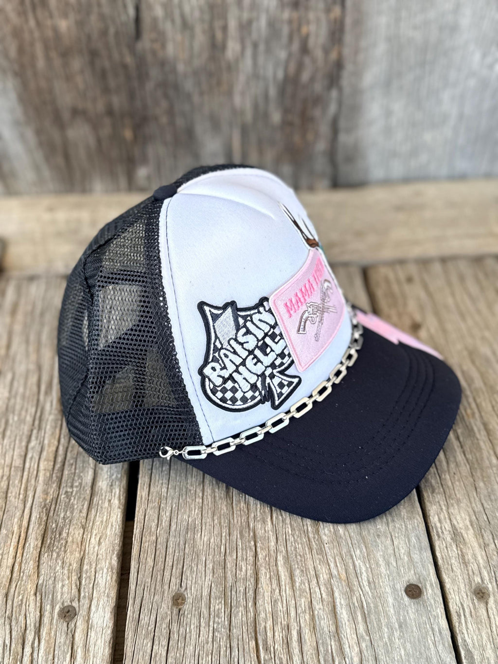 Black Outlaw Country Trucker Hat | Iron-On Patches & Silver Hat Chain | Western Cowgirl Concert Hat