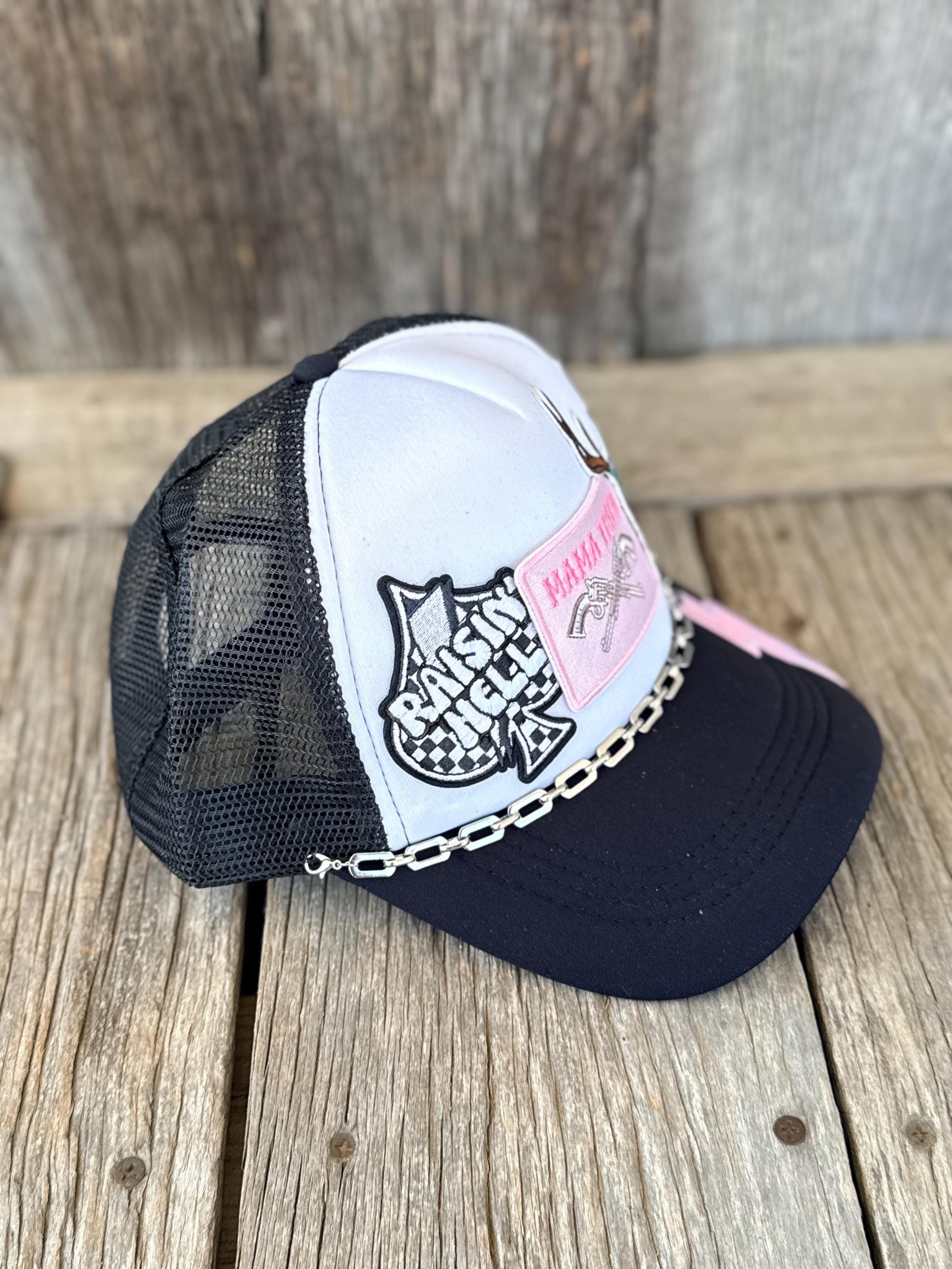Black Outlaw Country Trucker Hat | Iron-On Patches & Silver Hat Chain | Western Cowgirl Concert Hat