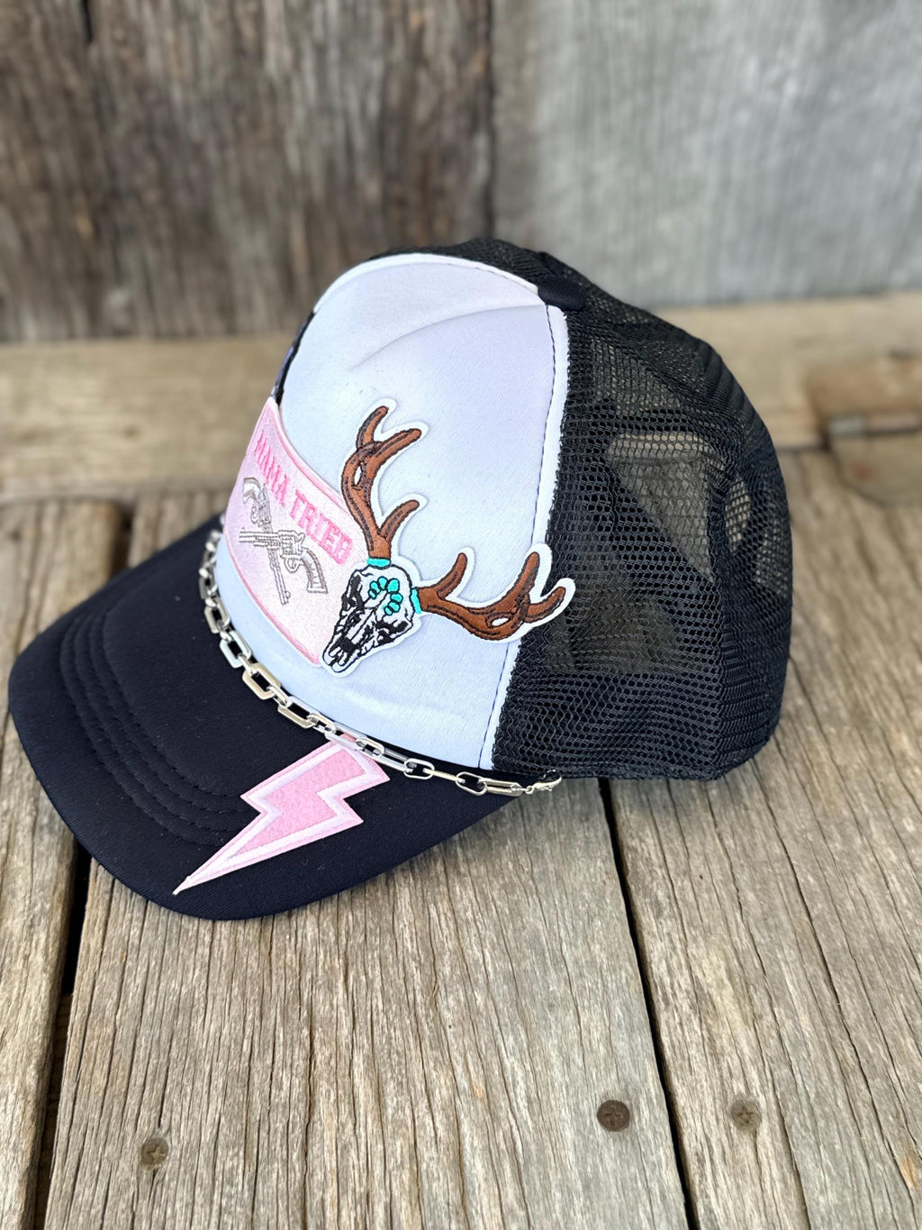Black Outlaw Country Trucker Hat | Iron-On Patches & Silver Hat Chain | Western Cowgirl Concert Hat