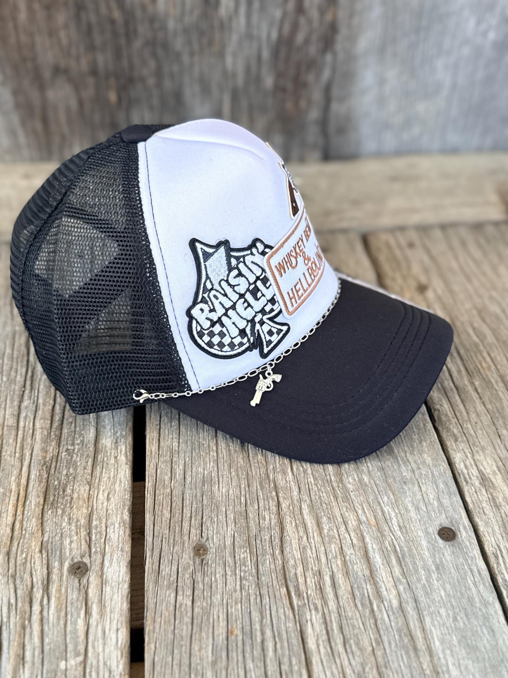 Black Western Trucker Hat | Outlaw Country Whiskey & Western Patches | Silver Hat Chain