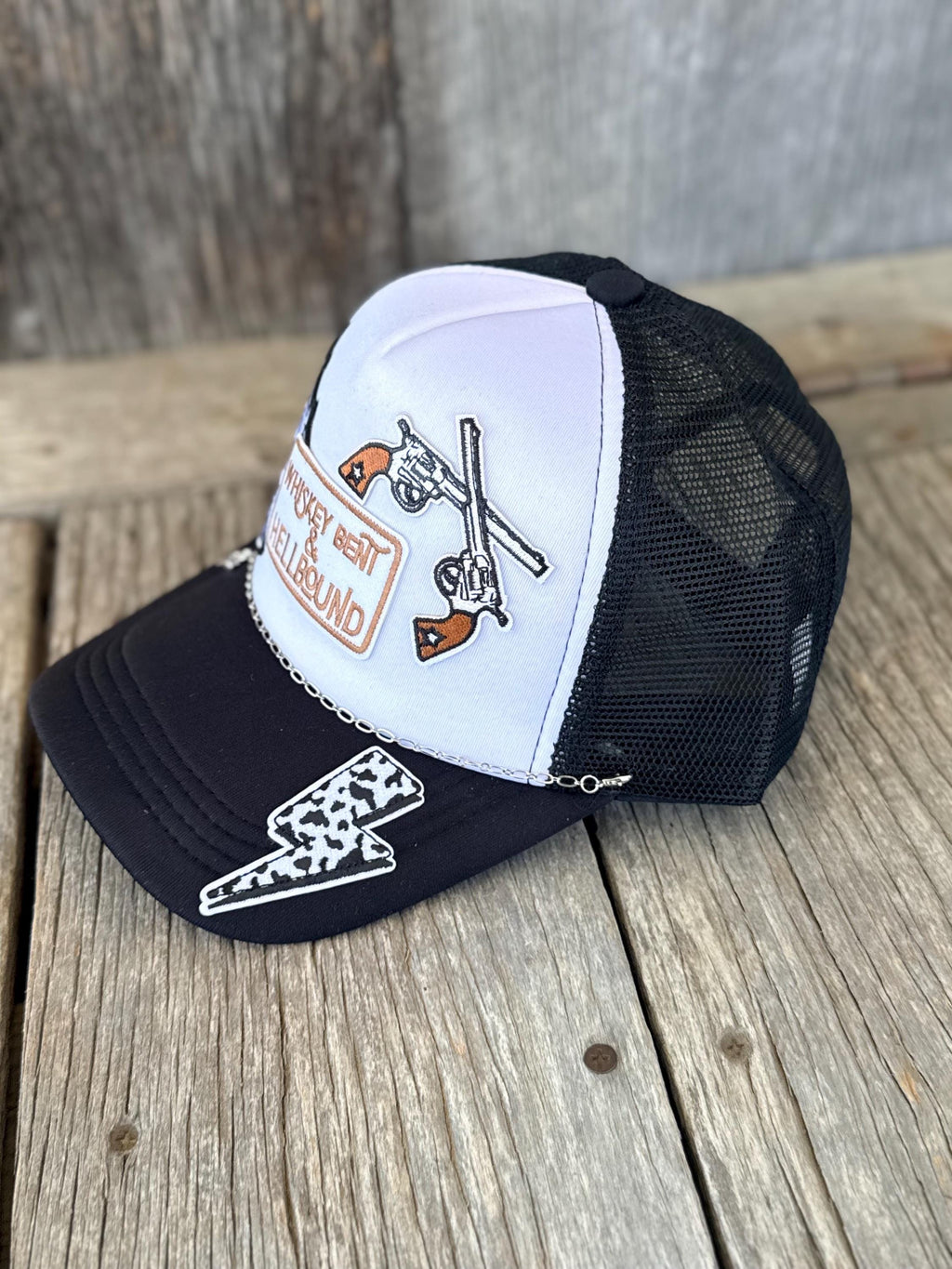 Black Western Trucker Hat | Outlaw Country Whiskey & Western Patches | Silver Hat Chain