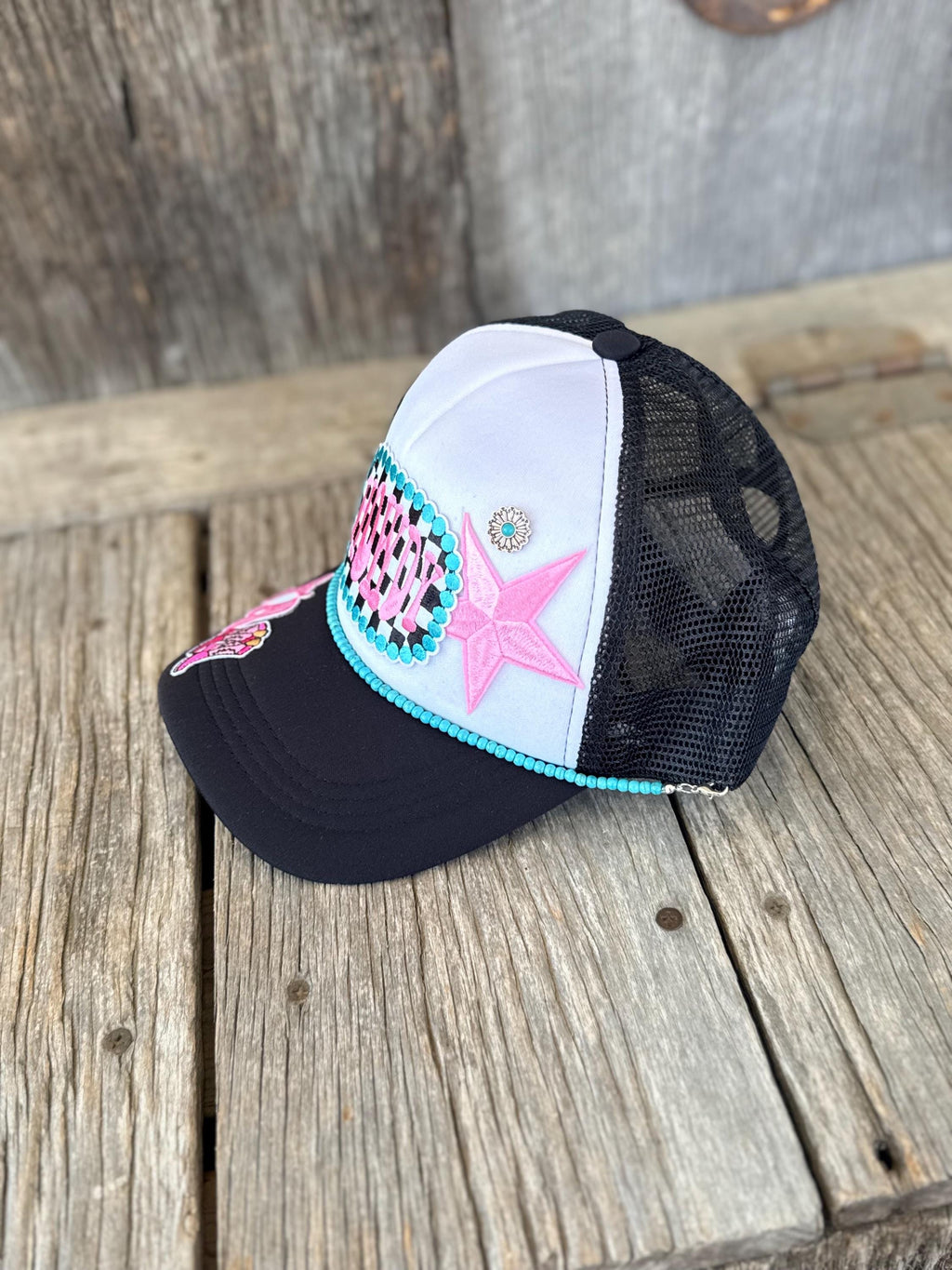 Black "Howdy Y'all" Western Trucker Hat | Pink & Turquoise Patches, Hat Pin & Turquoise Hat Chain | Cowgirl Concert Hat