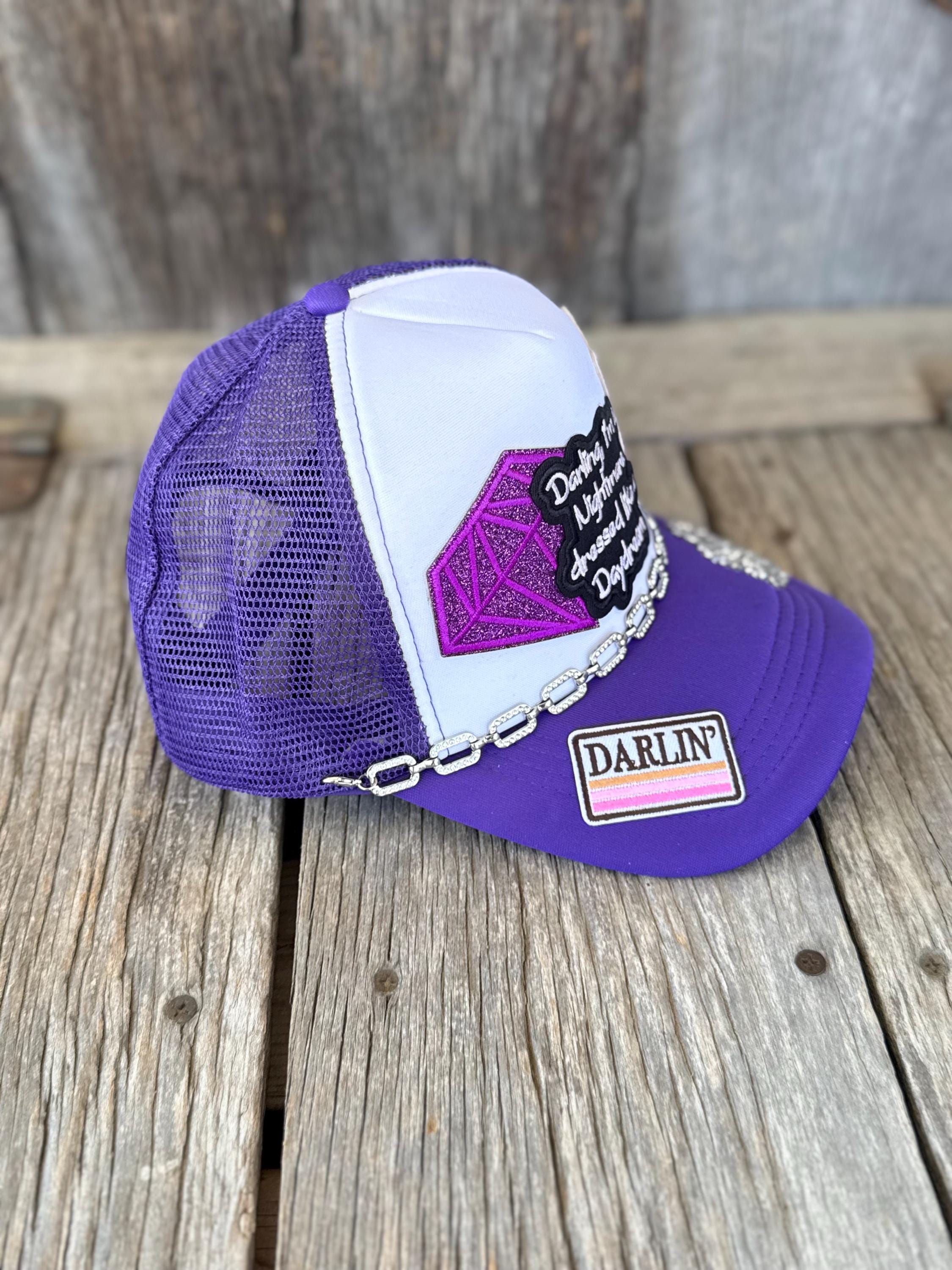Purple Western Trucker Hat | Glitter Diamond, Cheetah Star & Lips Patches | Crystal Hat Chain