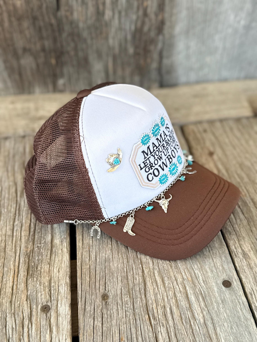 Brown Cowboy Mama Western Trucker Hat | Iron-On Patch, Silver Hat Chain & Western Charms | Country Music Concert Hat