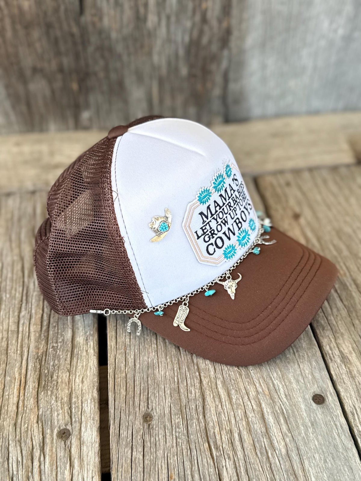 Brown Cowboy Mama Western Trucker Hat | Iron-On Patch, Silver Hat Chain & Western Charms | Country Music Concert Hat