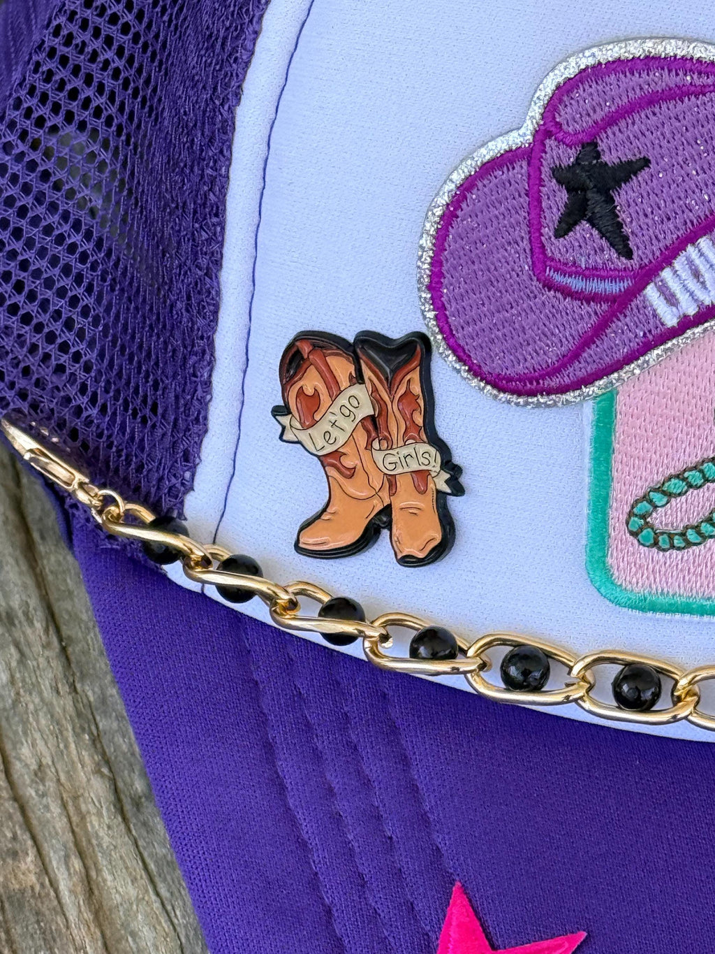 "Yee Haw" & "Howdy" Purple Western Trucker Hat | Gold Hat Chain with Black Accents | Cowgirl Concert Hat
