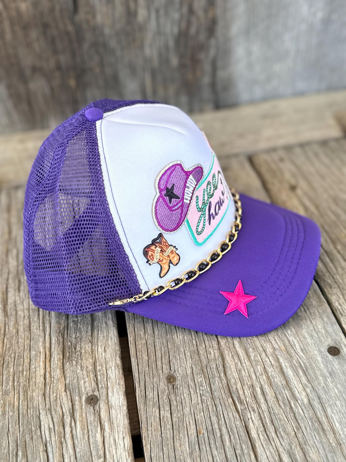 "Yee Haw" & "Howdy" Purple Western Trucker Hat | Gold Hat Chain with Black Accents | Cowgirl Concert Hat
