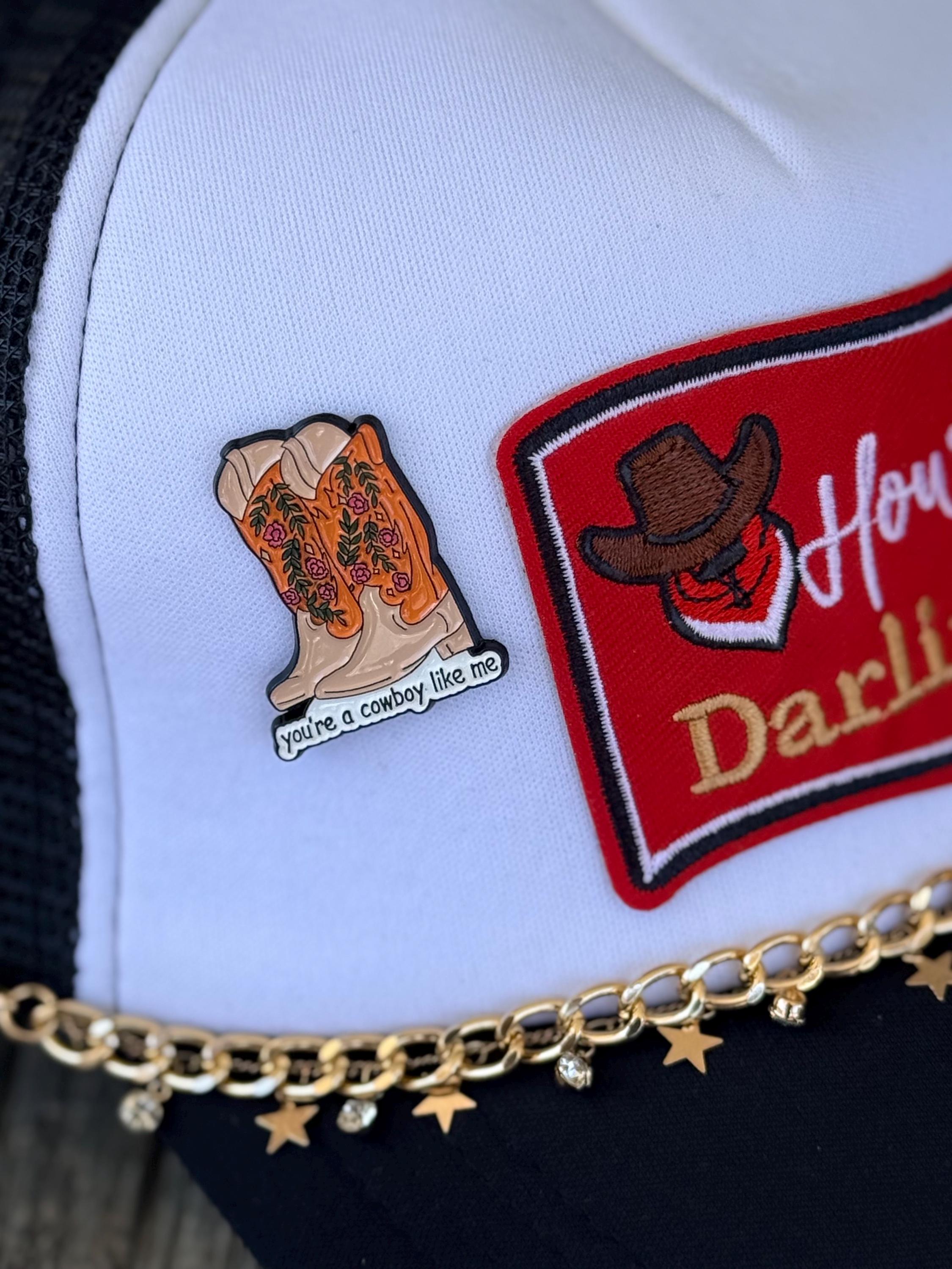 Black Western Trucker Hat | Howdy Darlin' Boots & Floral Patches | Cowboy Boot Hat Pin & Gold Star Hat Chain