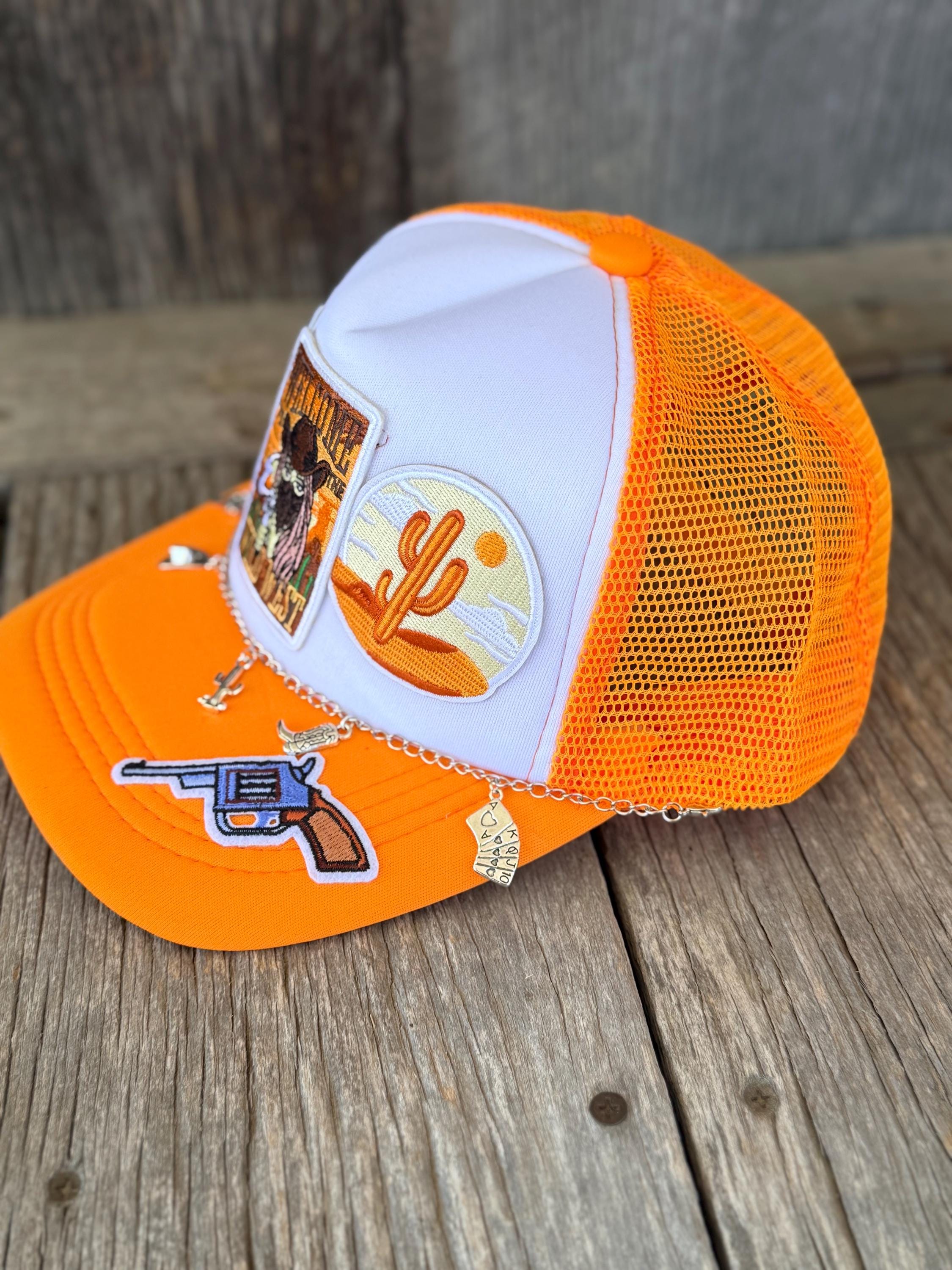 Orange Western Trucker Hat | Wild West Cowgirl, Longhorn & Cactus Patches | Silver Charm Hat Chain