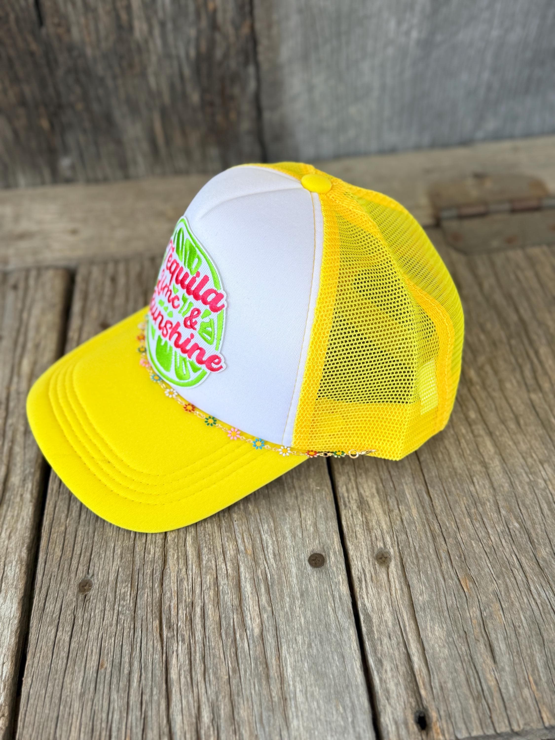 "Tequila, Lime & Sunshine" Yellow Western Trucker Hat | Iron-On Patches & Flower Hat Chain | Summer Cowgirl Hat