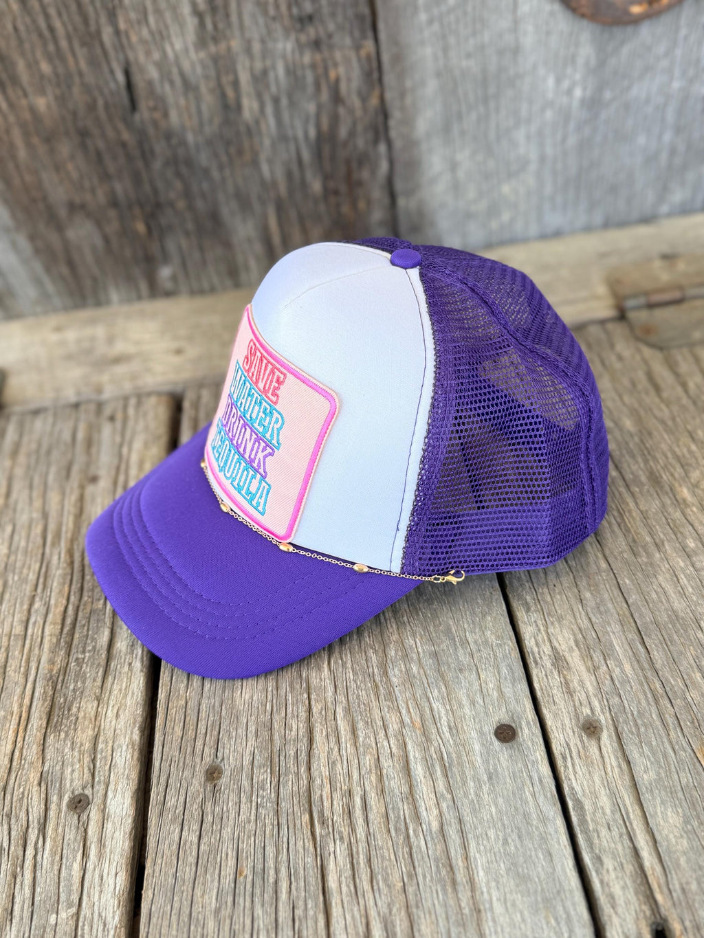 Purple Western Trucker Hat | Save Water Drink Tequila Patch & Gold Hat Chain
