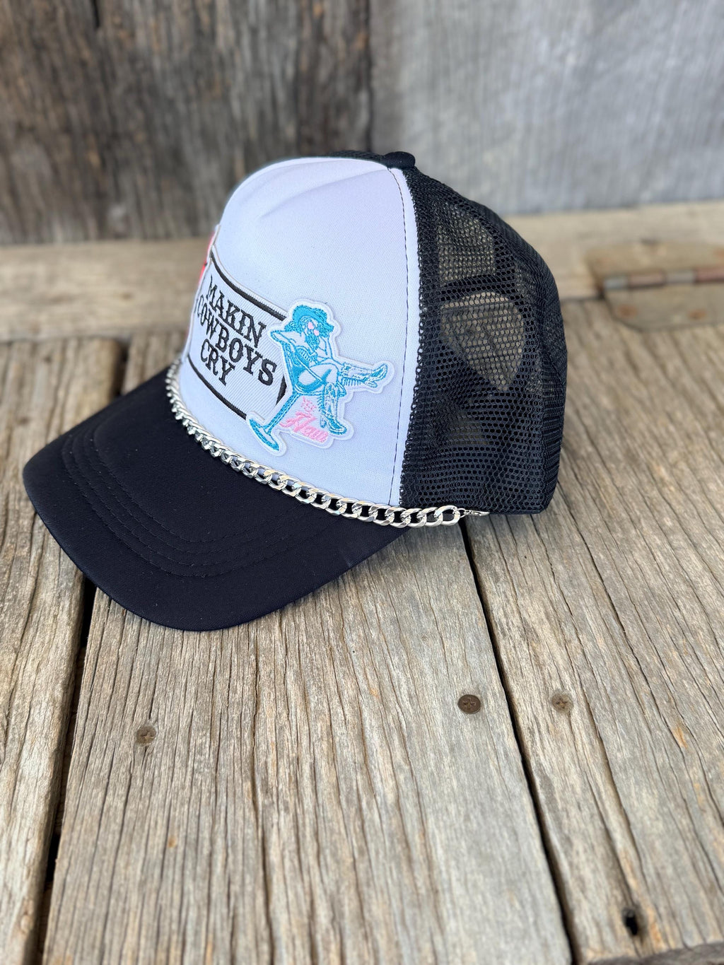 Black Western Trucker Hat | Lips & Cherries Patches | Silver Hat Chain | Flirty Cowgirl Hat
