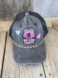"Just A Girl Who Loves Bigfoot" Black Distressed Ponytail Trucker Hat | Bigfoot Patch & Gold Heart Hat Chain