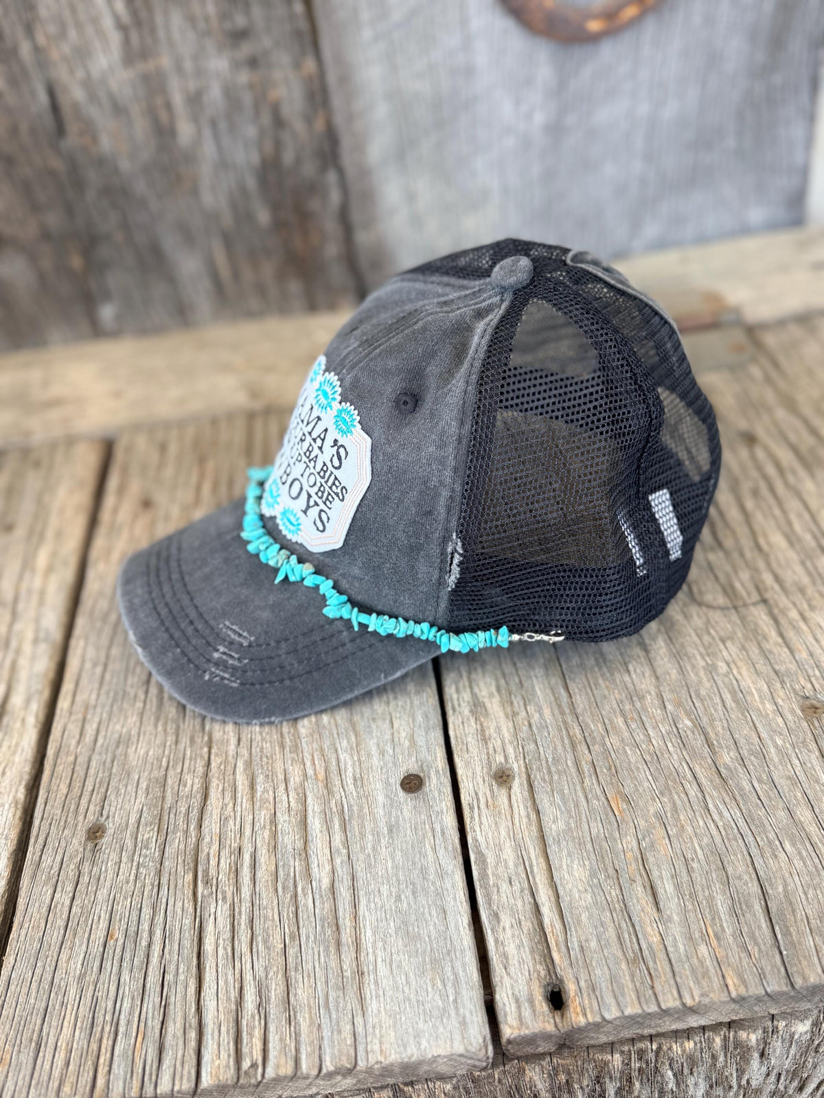 Distressed Black Cowboy Mama Ponytail Trucker Hat | Iron-On Patches & Turquoise Stone Hat Chain | Western Cowgirl Cap
