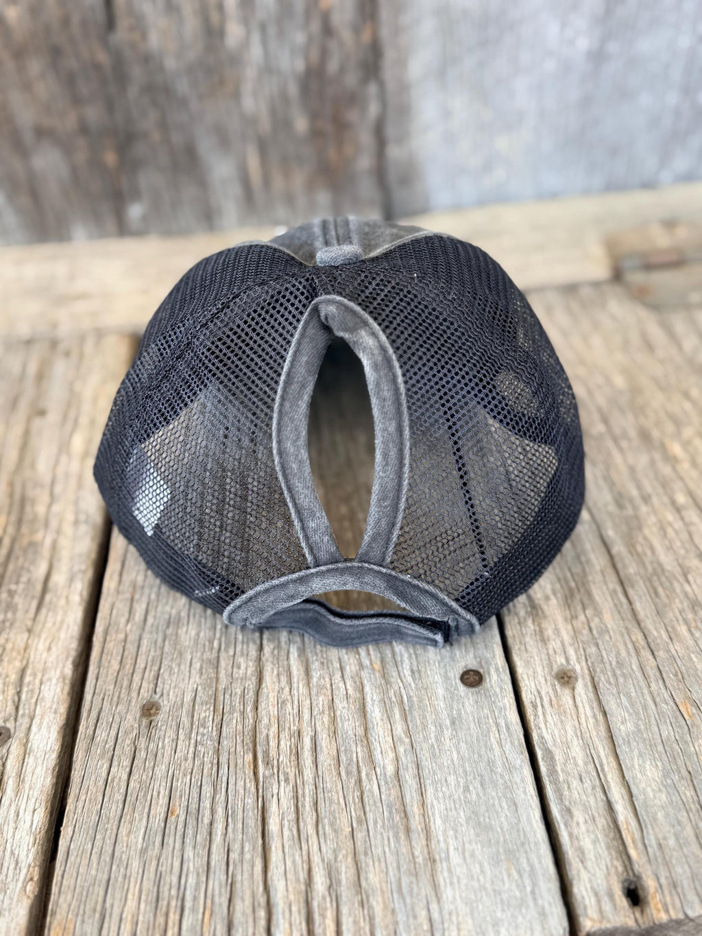 Crazy & Beautiful Distressed Black Ponytail Trucker Hat | Western Iron-On Patches & Silver Hat Chain