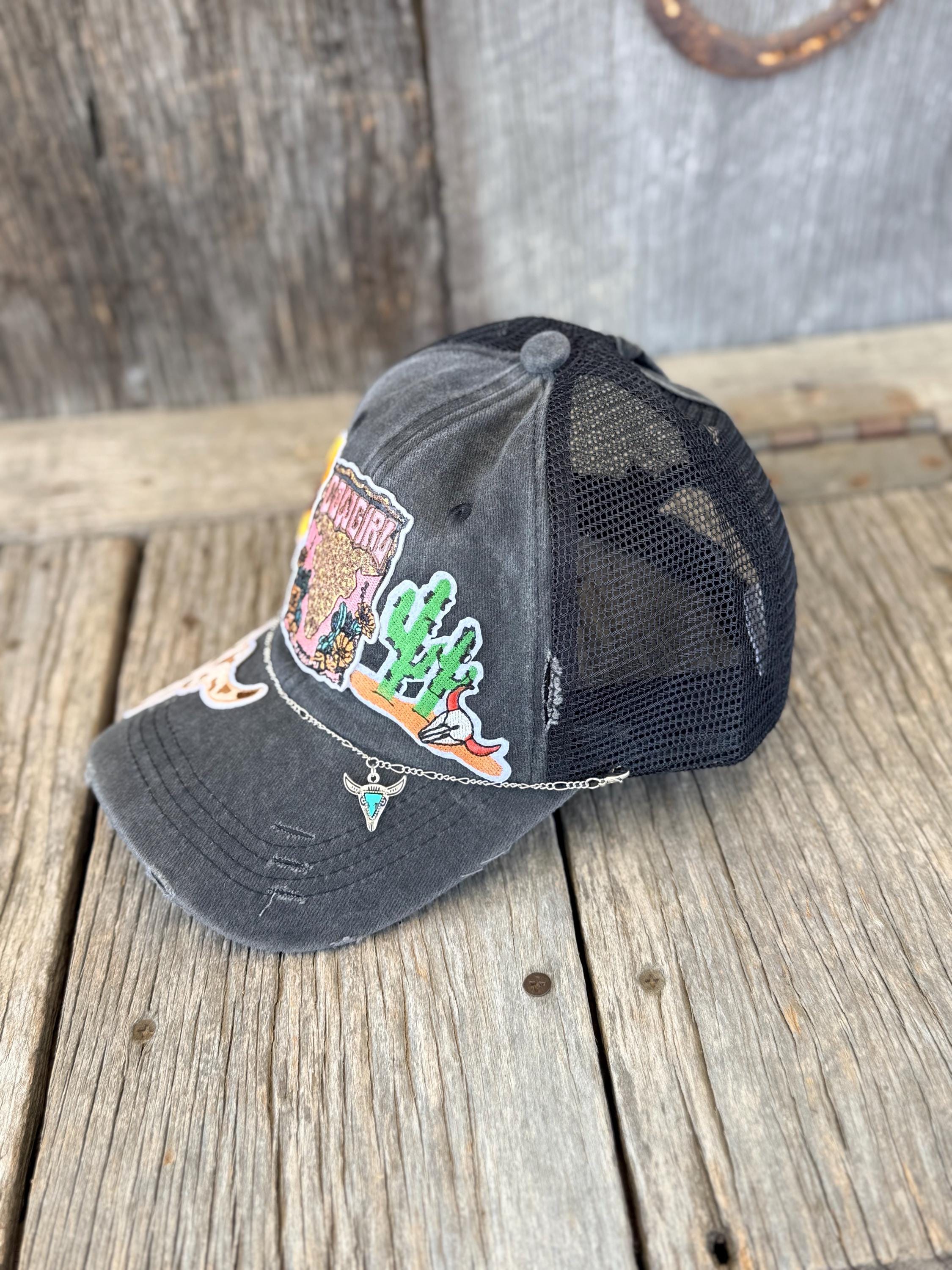 Distressed Black Desert Cowgirl Ponytail Trucker Hat | Cactus, Longhorn Steer & Sunflower Patches | Silver Longhorn Hat Chain