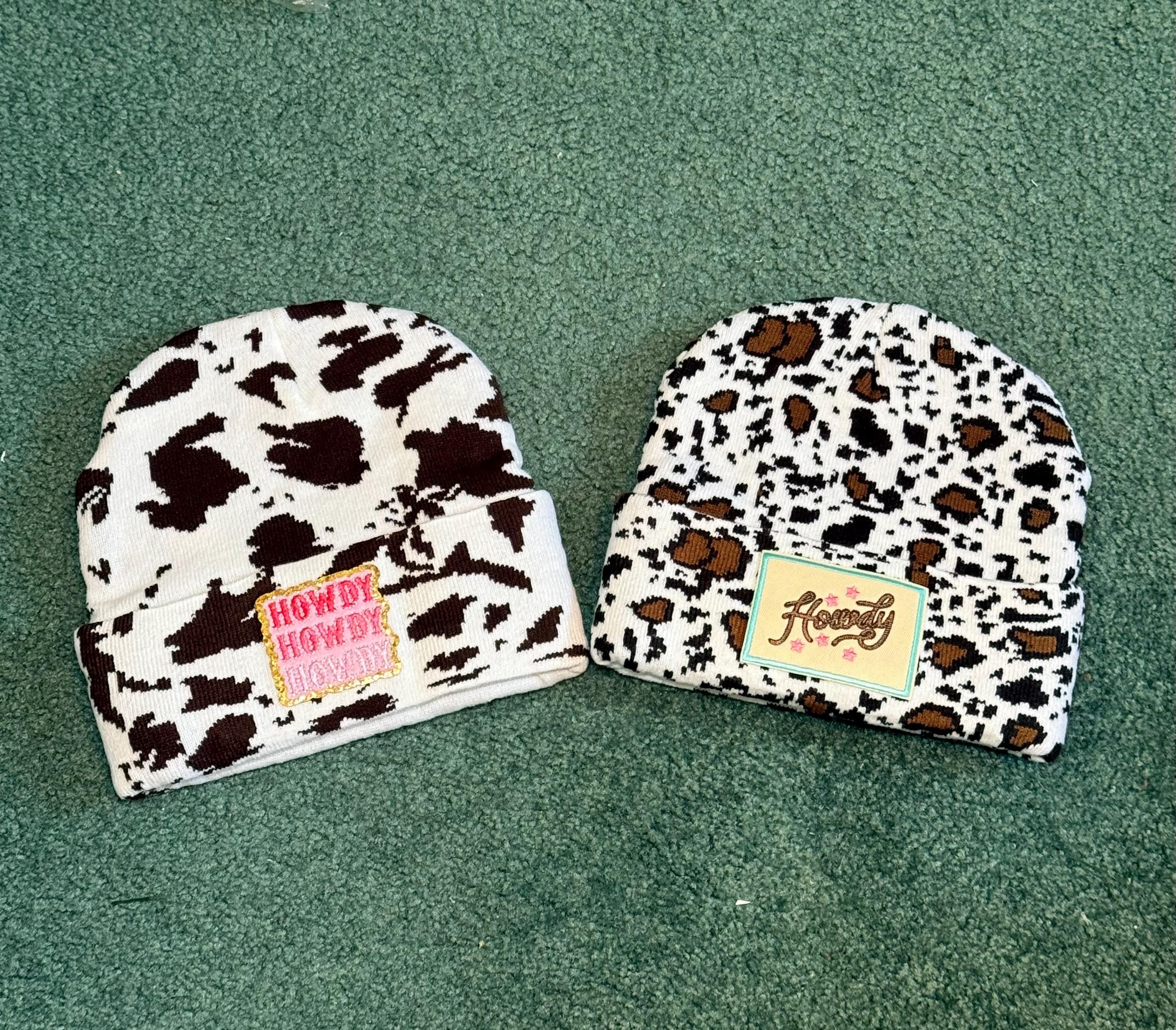 Western Animal Print Beanie with Howdy Patch – Cowgirl Winter Hat