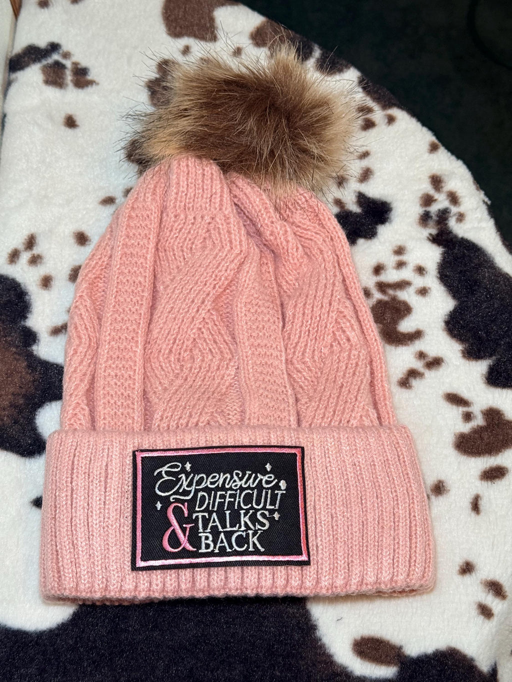 Knit Winter Beanie Hat with Faux Fur Pom-Pom – Funny Patch Styles | Boujee, Expensive & Spoiled