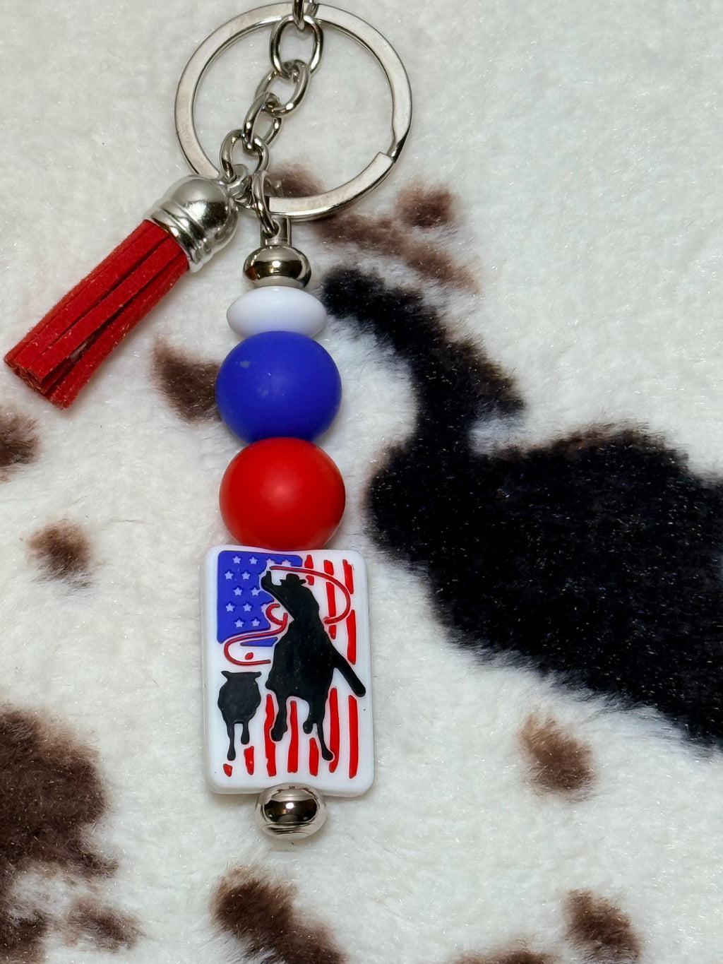 Western Rodeo Calf Roping Silicone Beaded Keychain with Leather Tassel