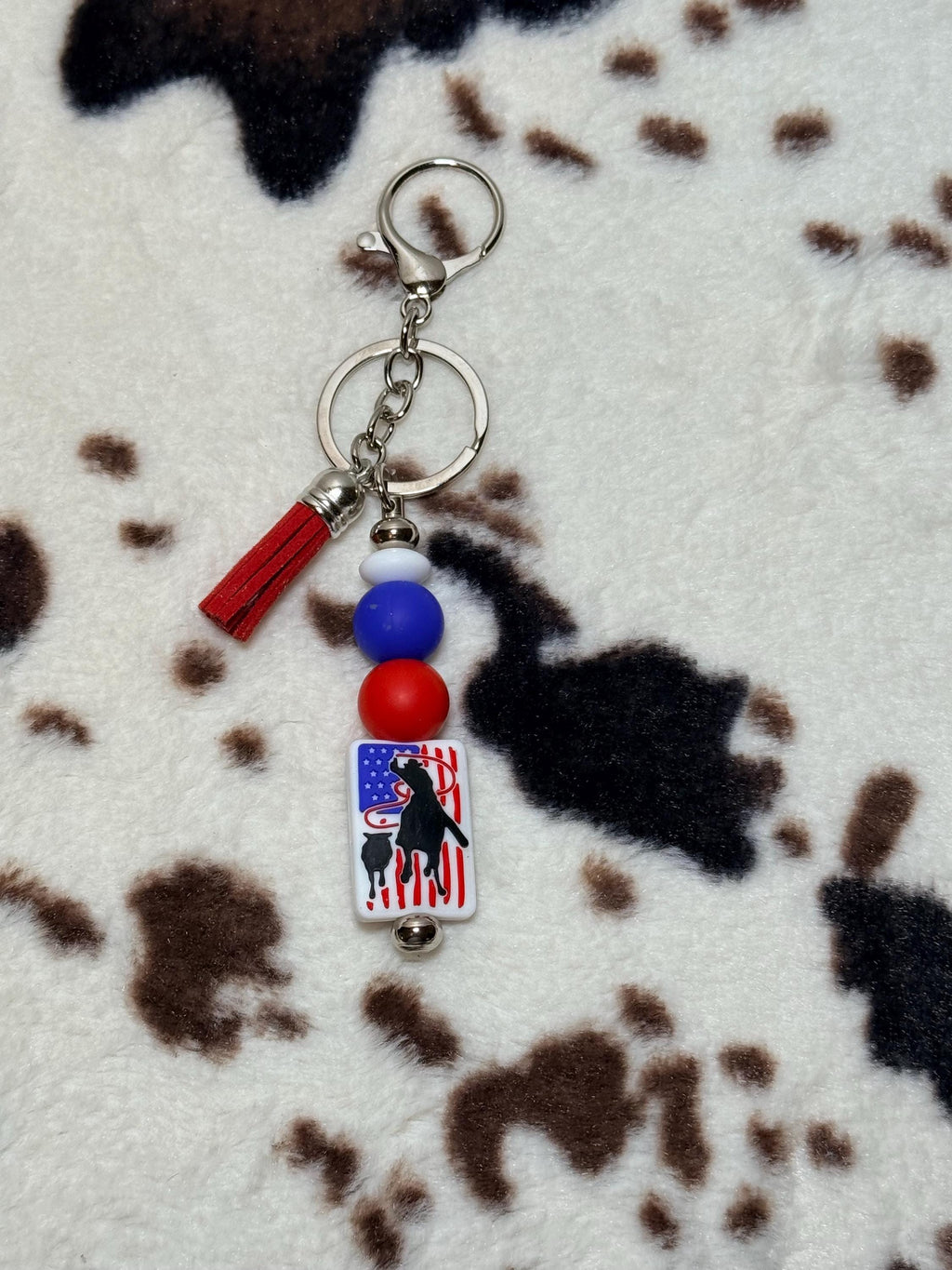 Western Rodeo Calf Roping Silicone Beaded Keychain with Leather Tassel