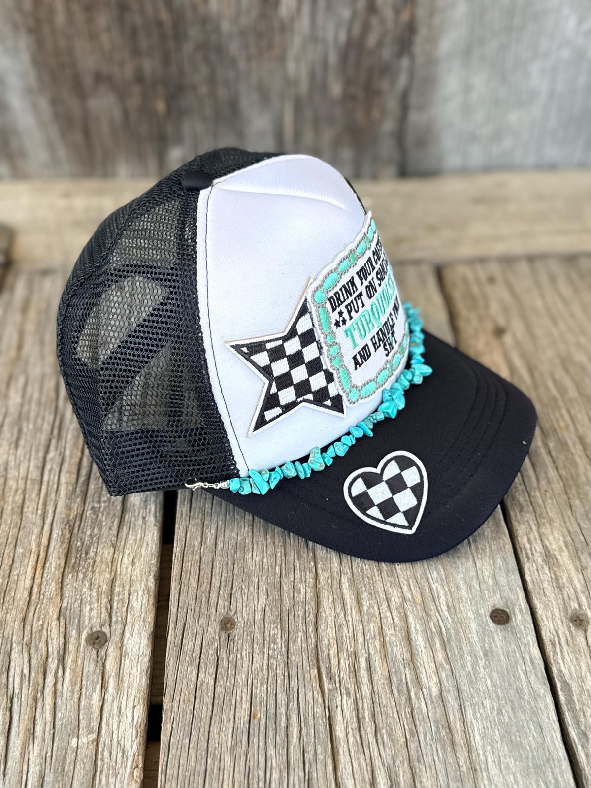 "Drink Your Coffee, Put On Some Turquoise & Handle Your Sh*t" Black Trucker Hat | Turquoise Stone Hat Chain | Western Cowgirl Hat