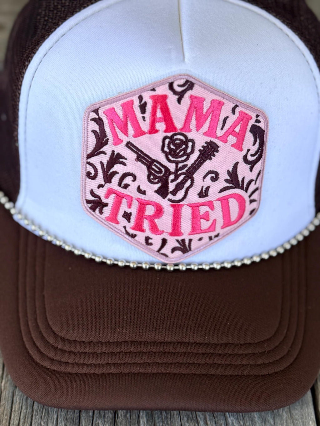 Brown Outlaw Country Trucker Hat | Iron-On Patch | Silver Hat Chain | Western Cowgirl Concert Hat