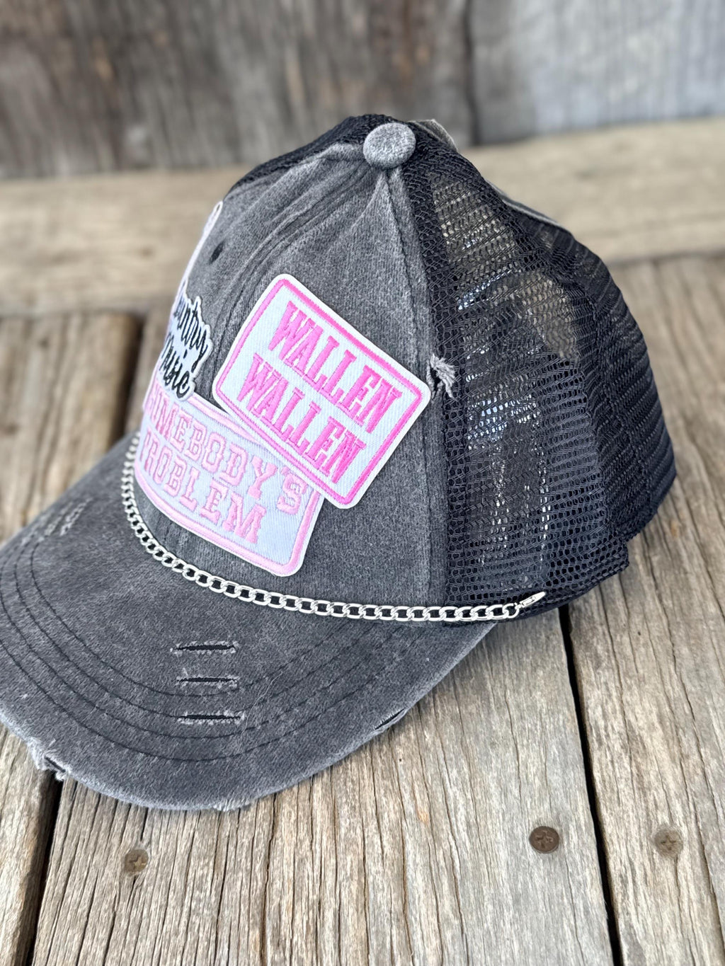 Black Distressed Guitar Patch Ponytail Trucker Hat | Silver Hat Chain | Western Country Music Concert Hat