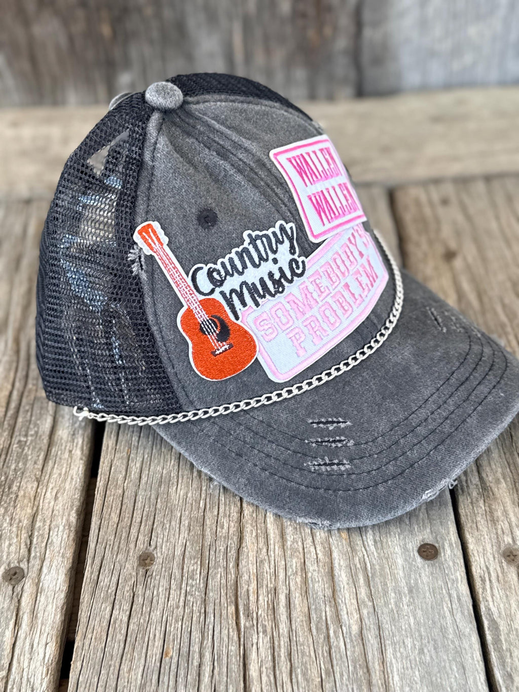 Black Distressed Guitar Patch Ponytail Trucker Hat | Silver Hat Chain | Western Country Music Concert Hat