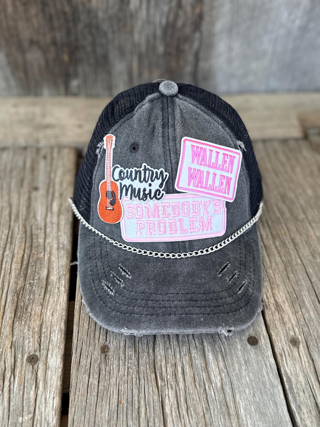Black Distressed Guitar Patch Ponytail Trucker Hat | Silver Hat Chain | Western Country Music Concert Hat
