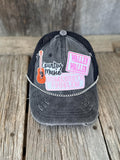 Black Distressed Guitar Patch Ponytail Trucker Hat | Silver Hat Chain | Western Country Music Concert Hat
