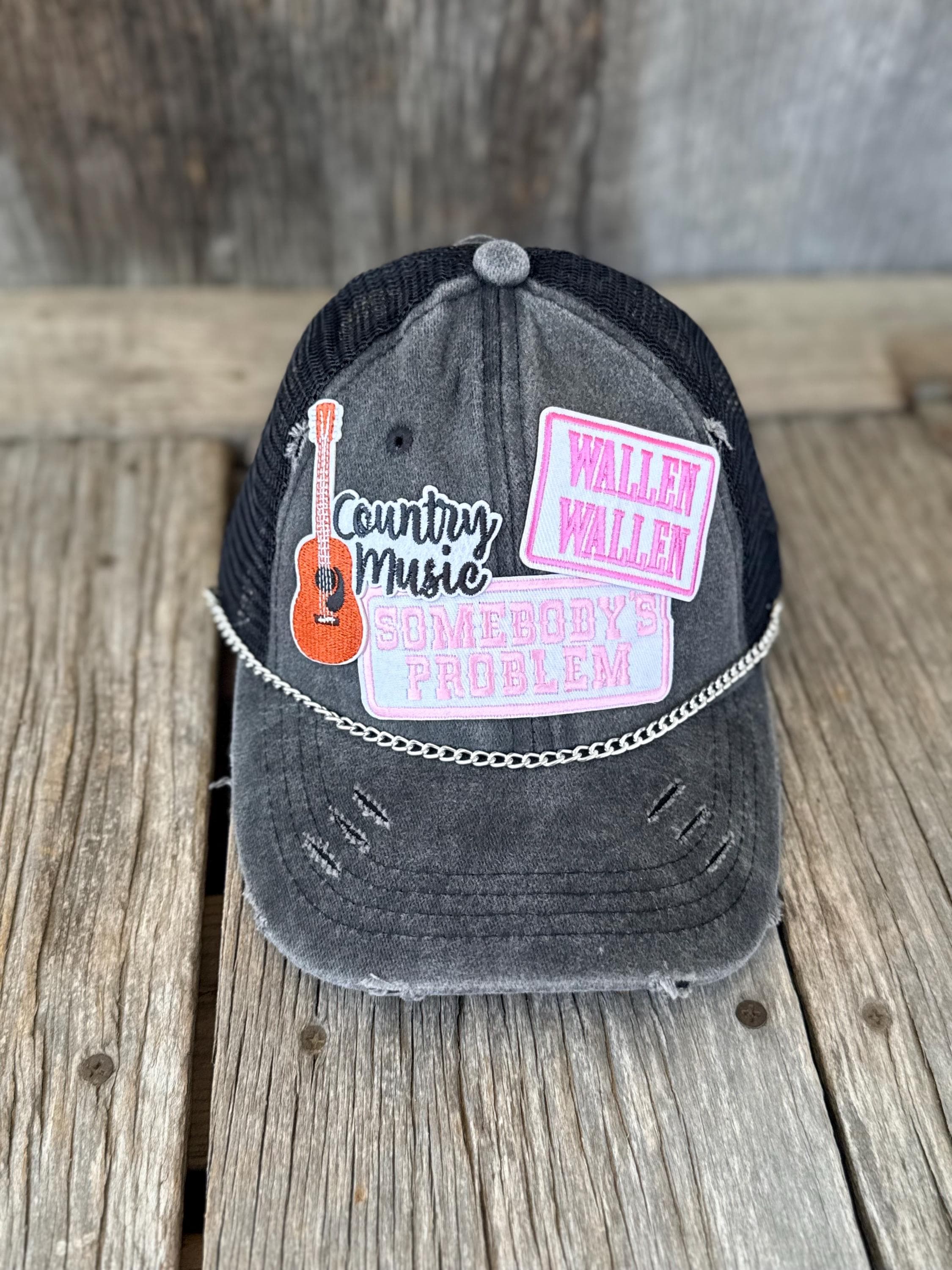 Black Distressed Guitar Patch Ponytail Trucker Hat | Silver Hat Chain | Western Country Music Concert Hat