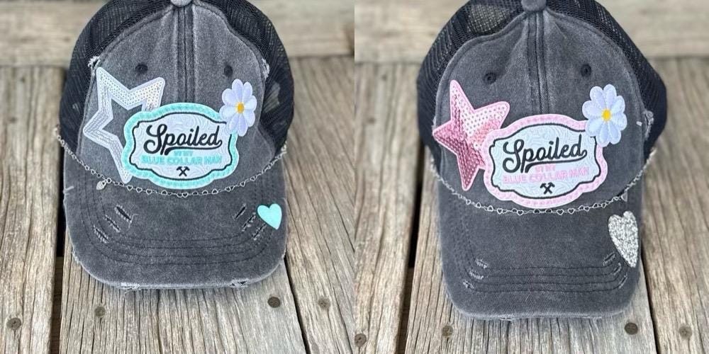 Distressed Trucker Hat | Spoiled By My Blue Collar Man | Glitter Stars, Hearts & Lil Bougie Patches | Ponytail Hat with Hat Chain