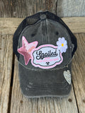 Distressed Trucker Hat | Spoiled By My Blue Collar Man | Glitter Stars, Hearts & Lil Bougie Patches | Ponytail Hat with Hat Chain