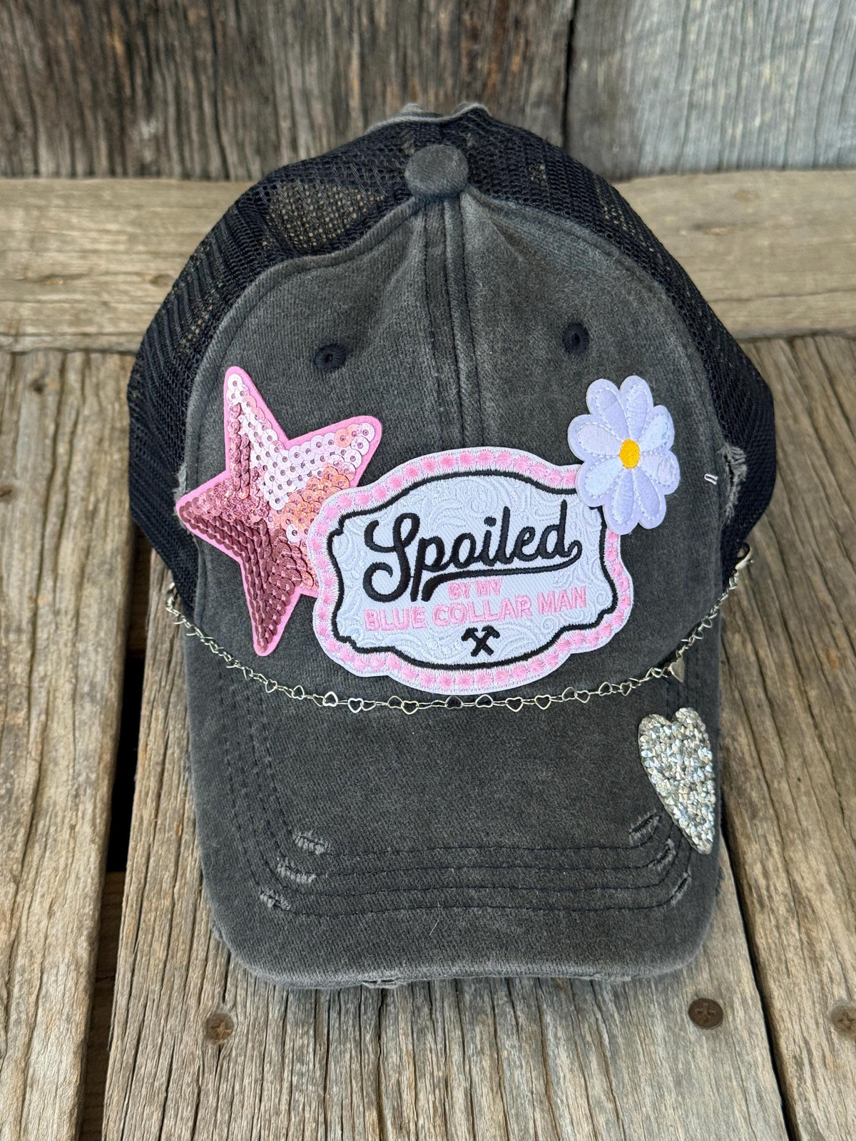 Distressed Trucker Hat | Spoiled By My Blue Collar Man | Glitter Stars, Hearts & Lil Bougie Patches | Ponytail Hat with Hat Chain