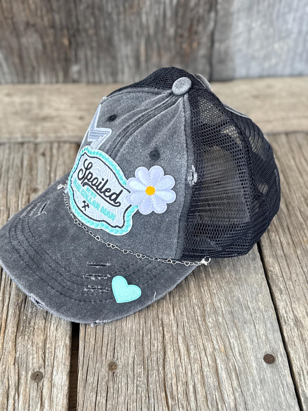 Distressed Trucker Hat | Spoiled By My Blue Collar Man | Glitter Stars, Hearts & Lil Bougie Patches | Ponytail Hat with Hat Chain