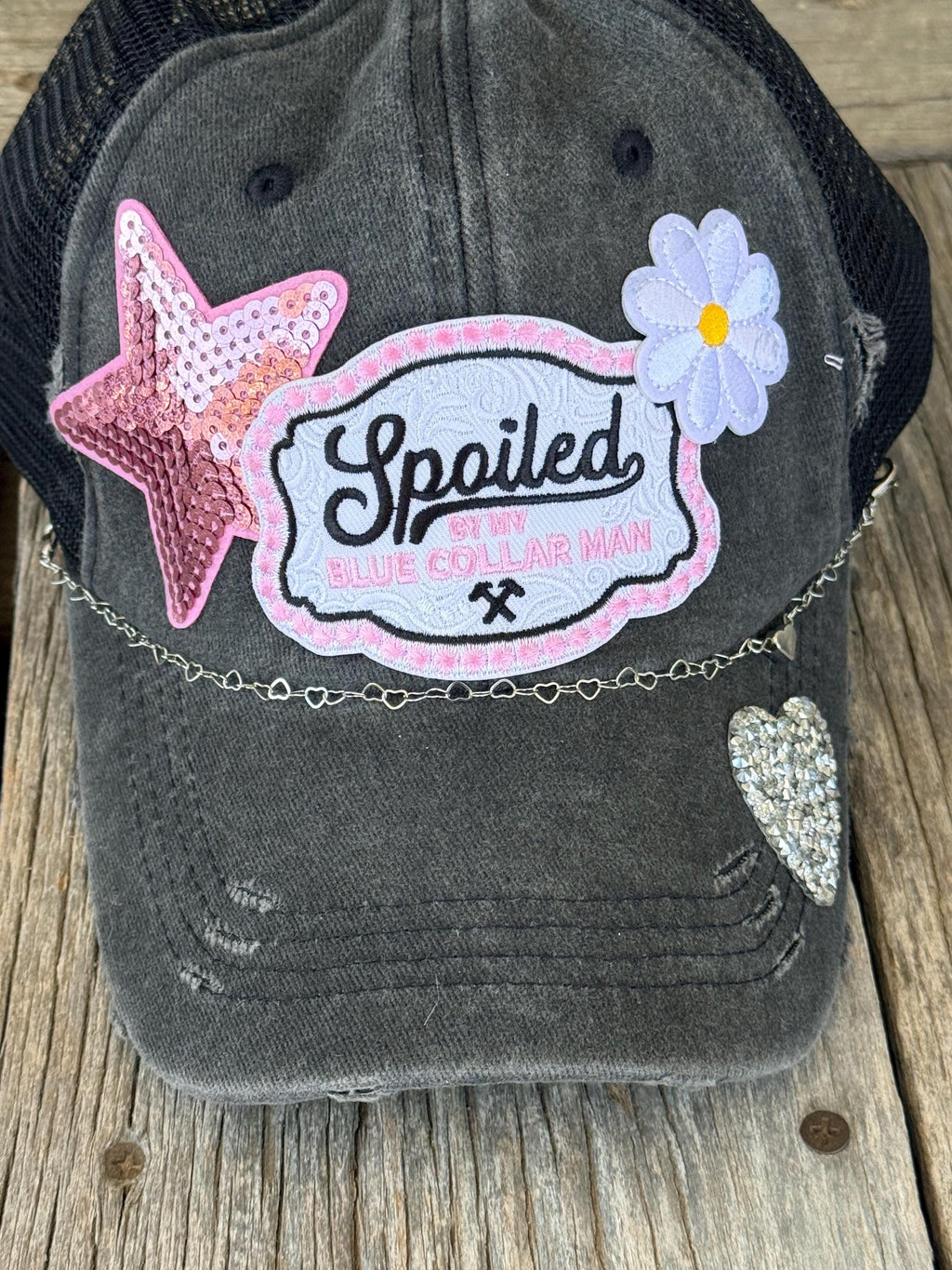 Distressed Trucker Hat | Spoiled By My Blue Collar Man | Glitter Stars, Hearts & Lil Bougie Patches | Ponytail Hat with Hat Chain