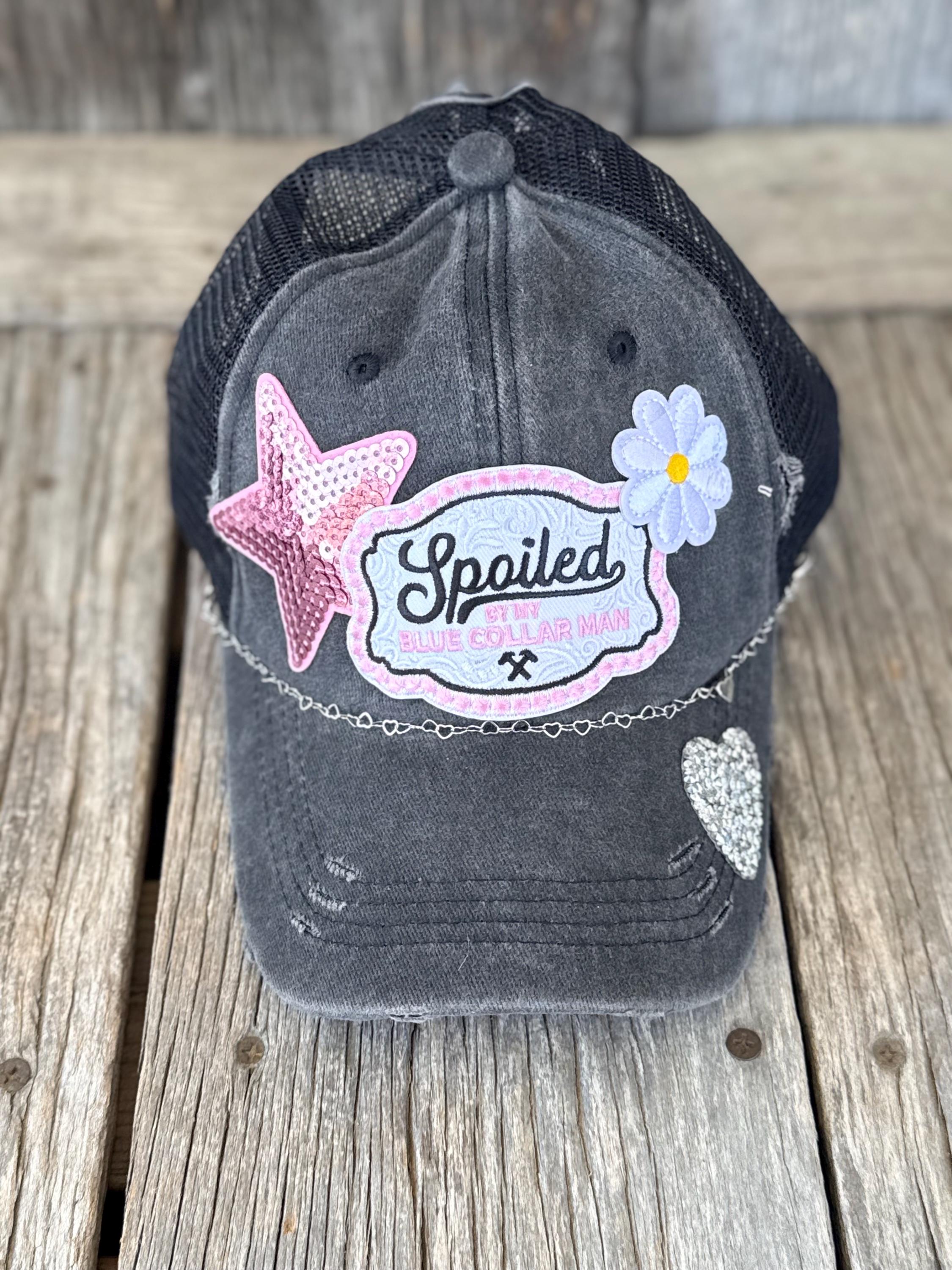 Distressed Trucker Hat | Spoiled By My Blue Collar Man | Glitter Stars, Hearts & Lil Bougie Patches | Ponytail Hat with Hat Chain